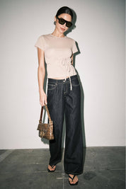 Tan Fine Knit Tie Waist Short Sleeve Tee Top