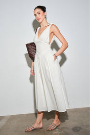White Cotton Poplin Corset-Waist Maxi Dress