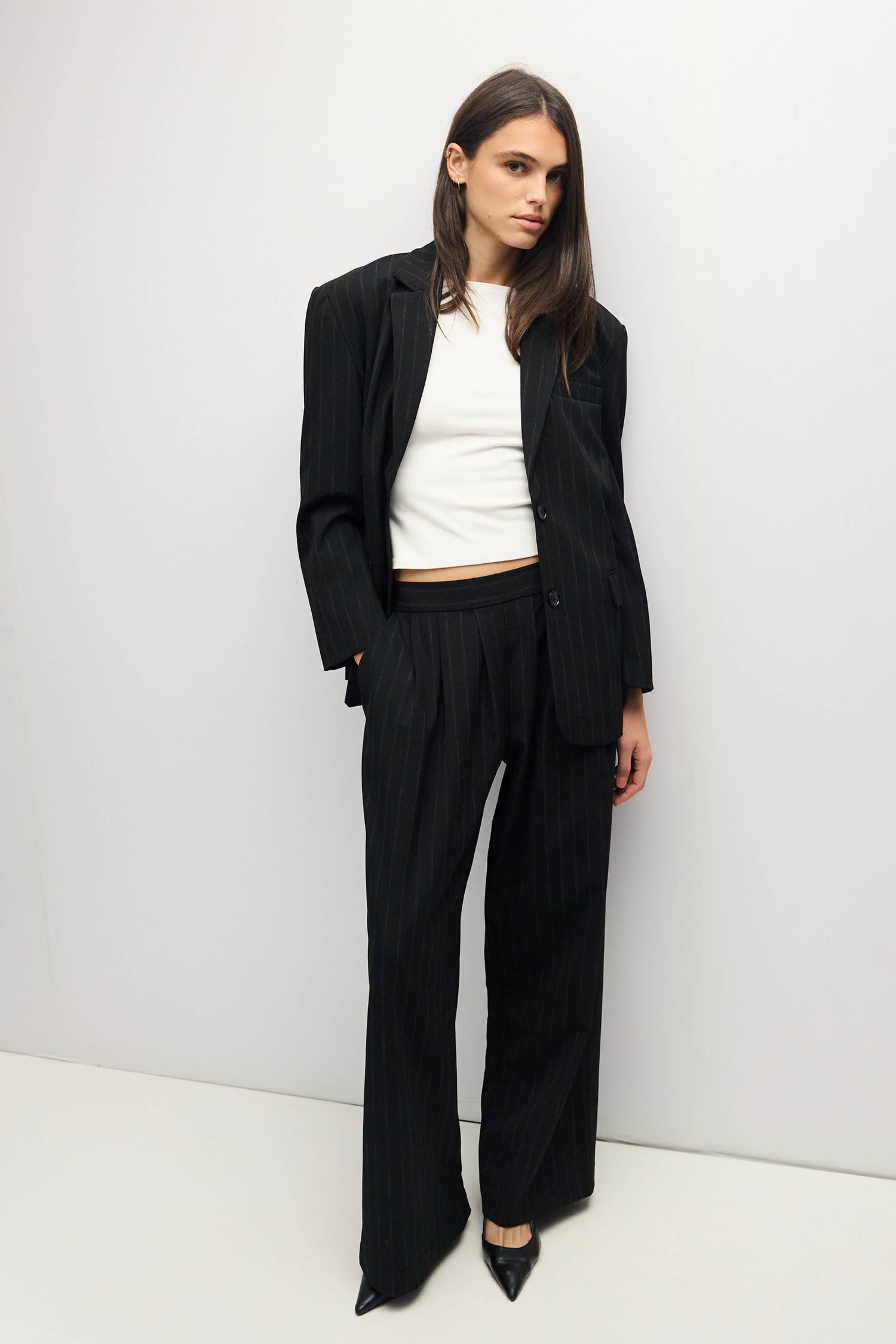 Black Pinstripe Pleated Maren Pants