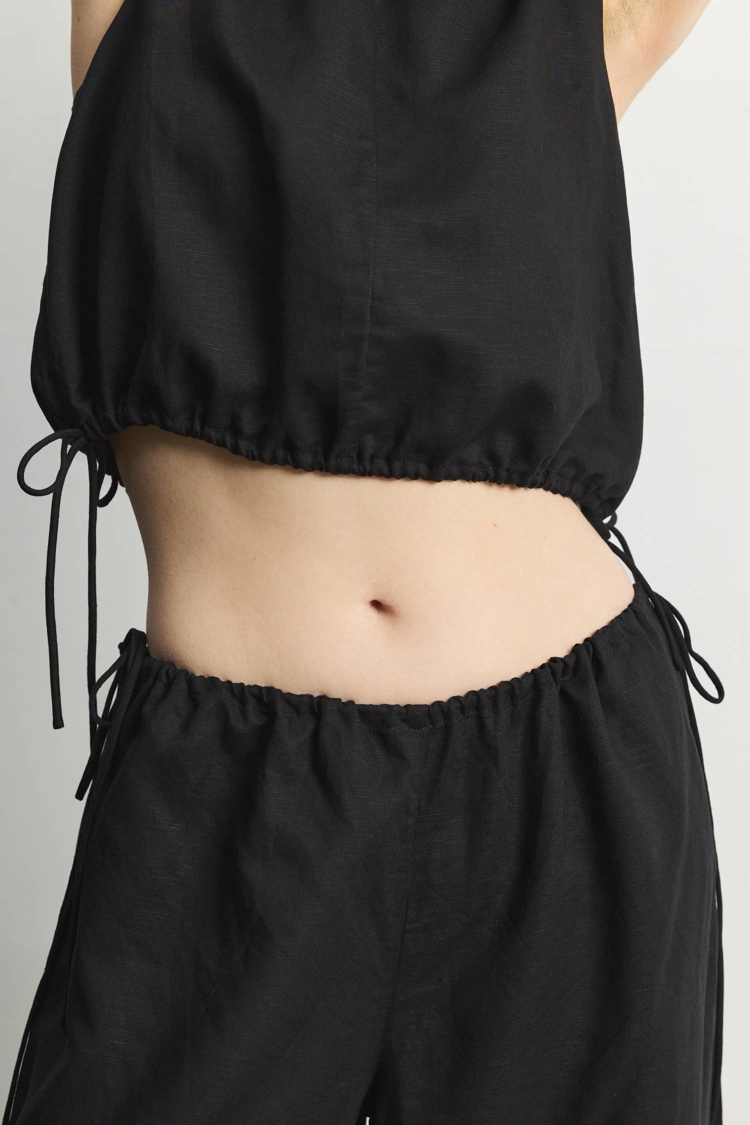 Black Wide Leg Linen Pants with Drawstrings