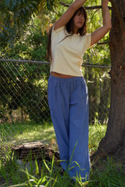 Navy Stripe Washed Linen Wide Leg Pant