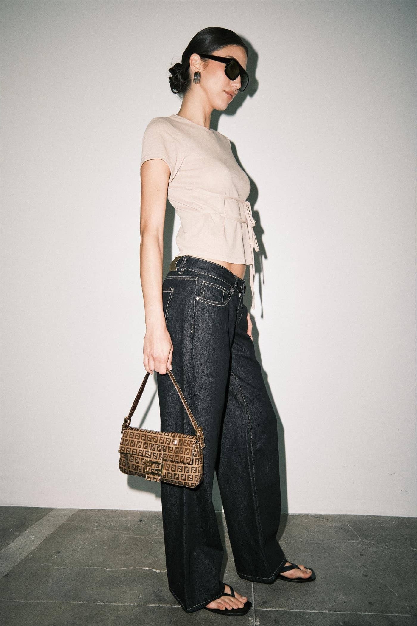 Tan Fine Knit Tie Waist Short Sleeve Tee Top