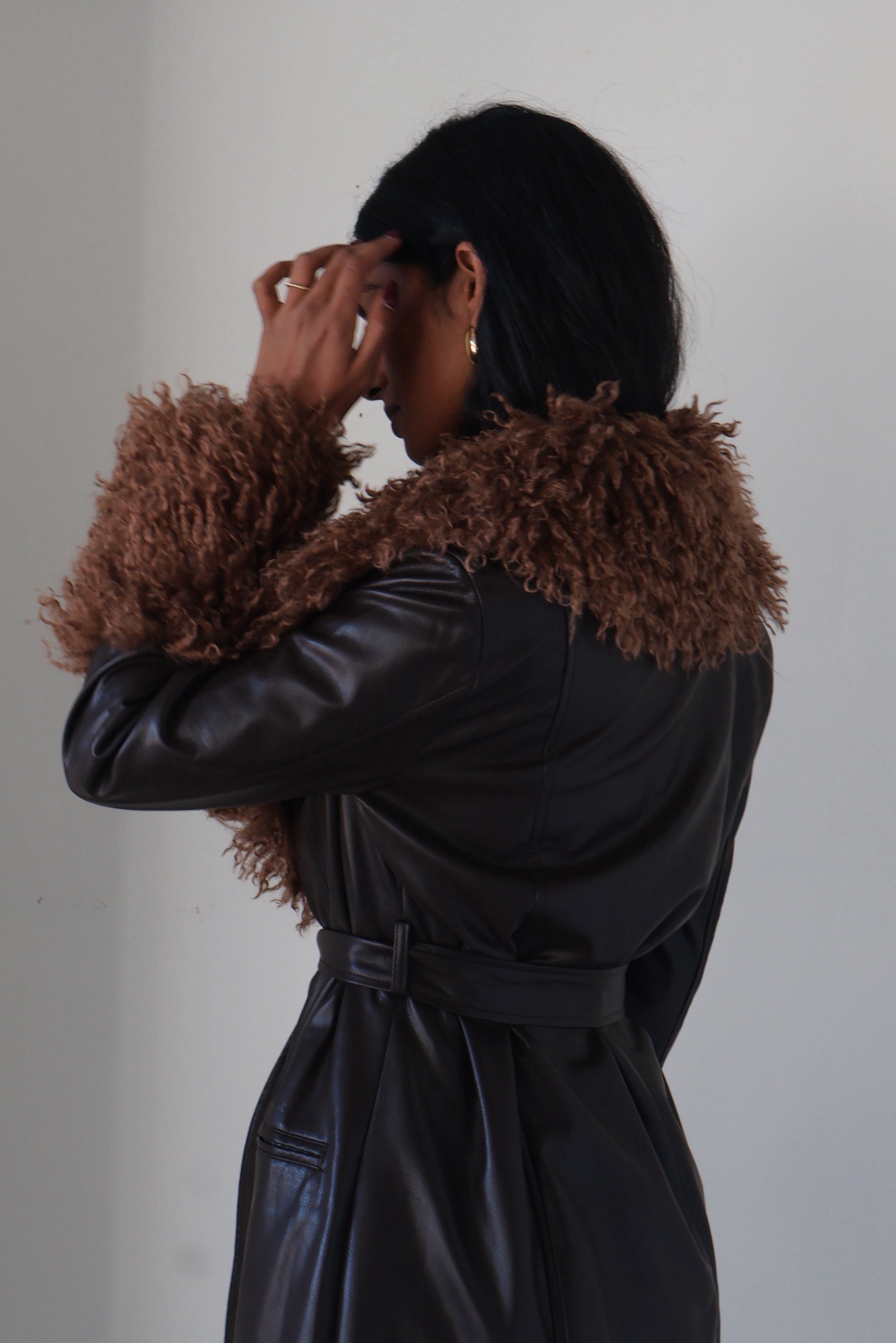 Espresso Shearling Trim Trench Coat