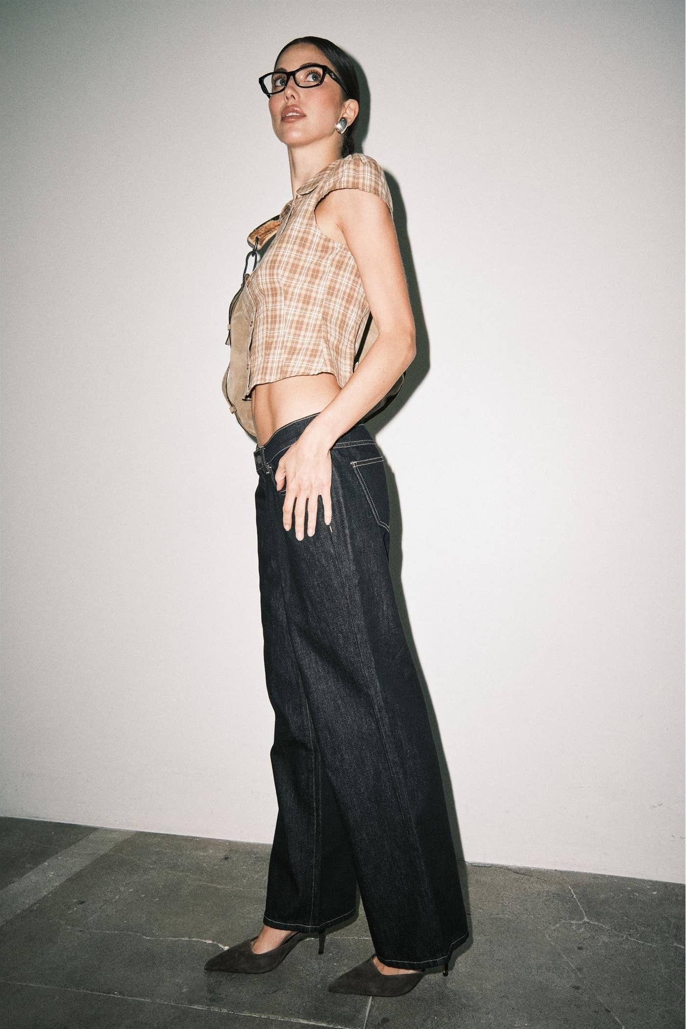 Tan Plaid Peter Pan Collar Double-Breasted Top