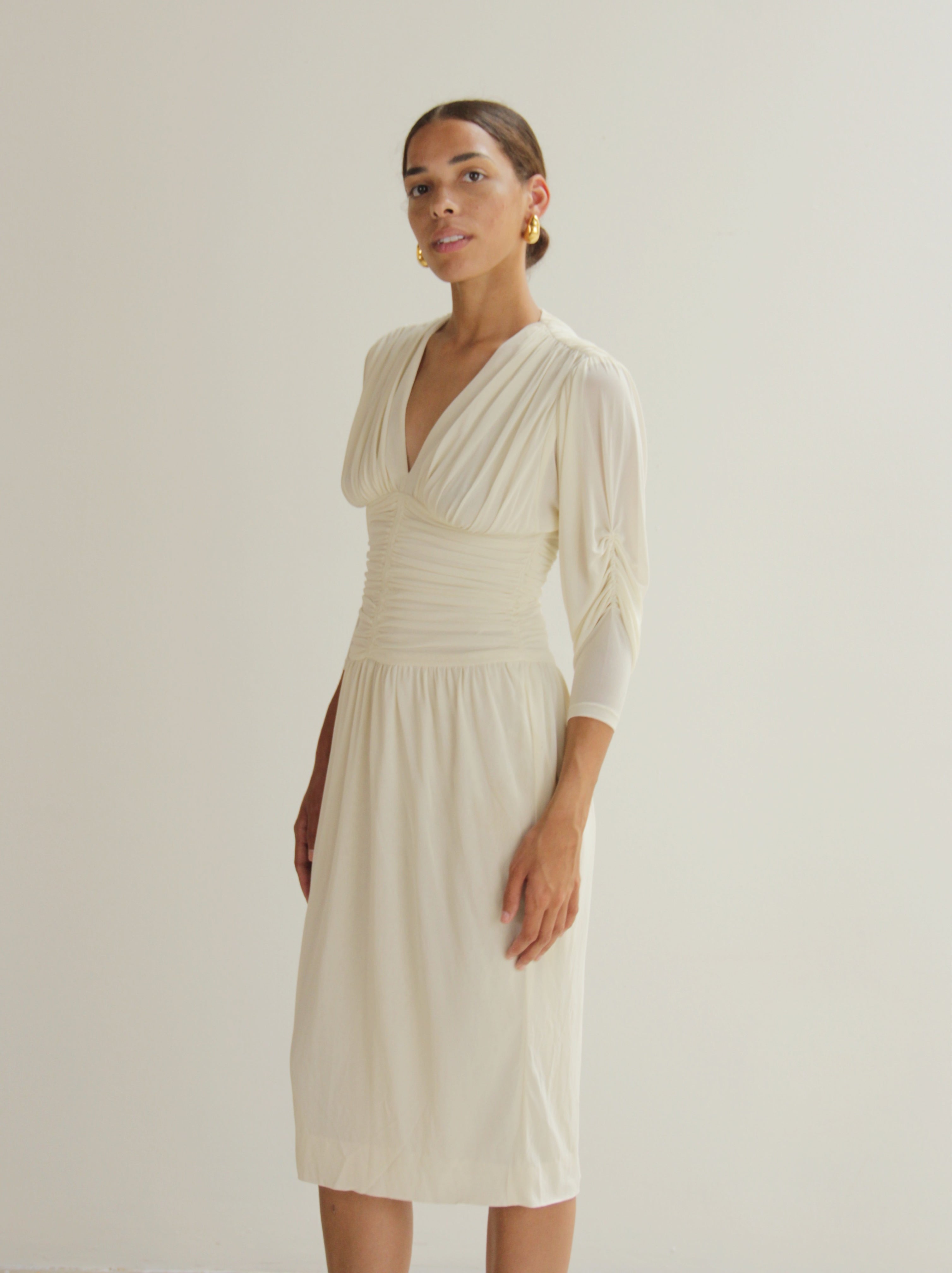 Vintage 70s Ivory Draped Ruched Dress