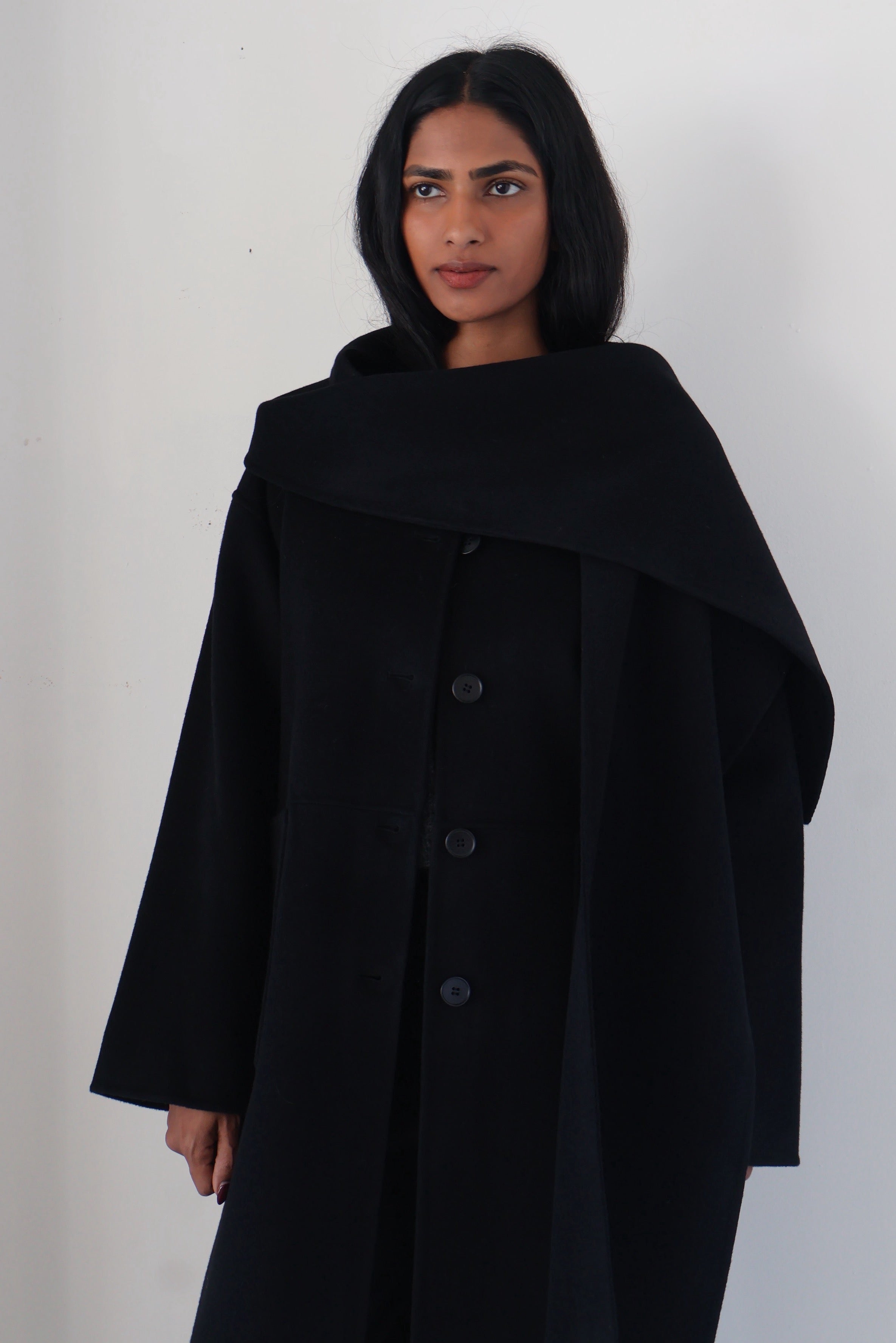 Rue Sophie Black Wool-Cashmere Scarf Coat