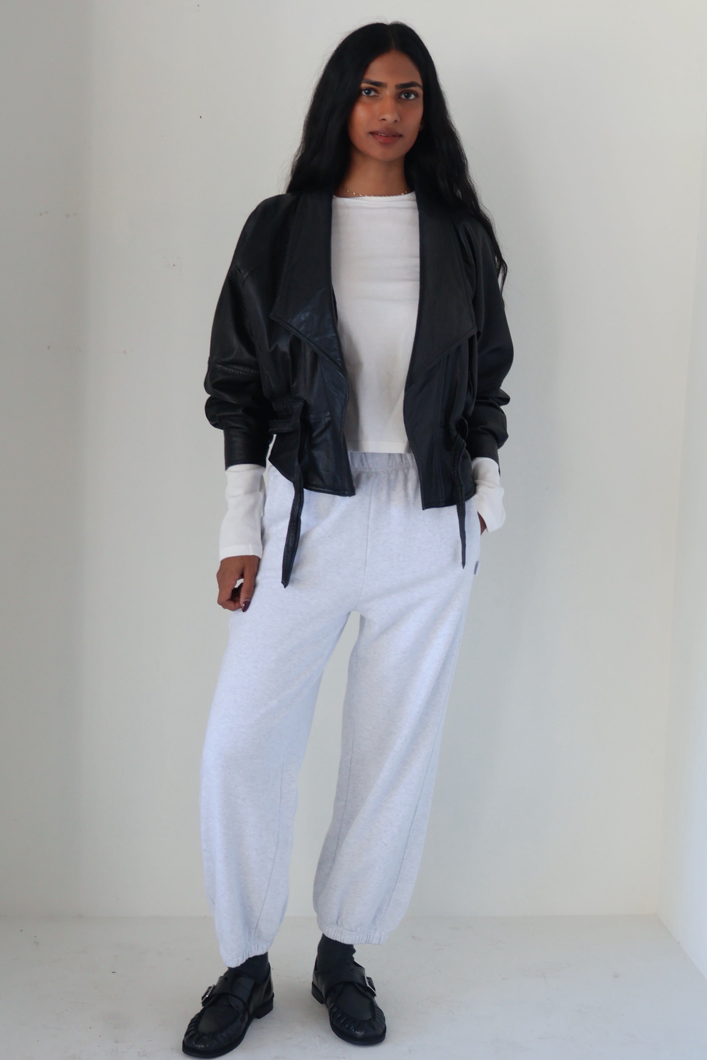 Vintage Black Leather Tie Crop Jacket