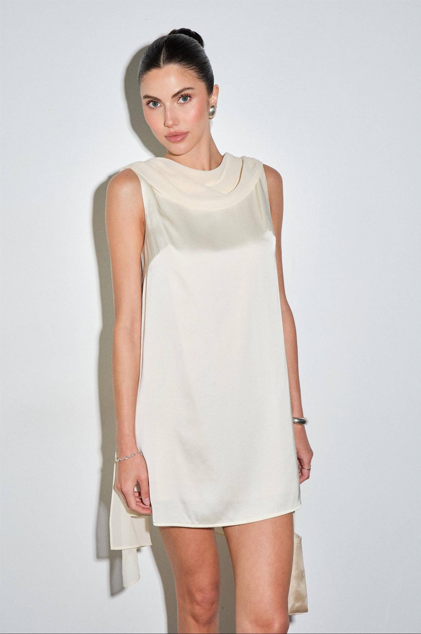 Maris Cream Satin Draped Back Mini Dress