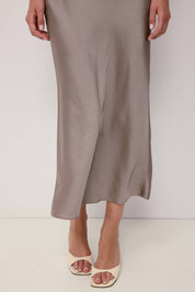 Taupe Cowl Neck Crushed Satin Midi Dress