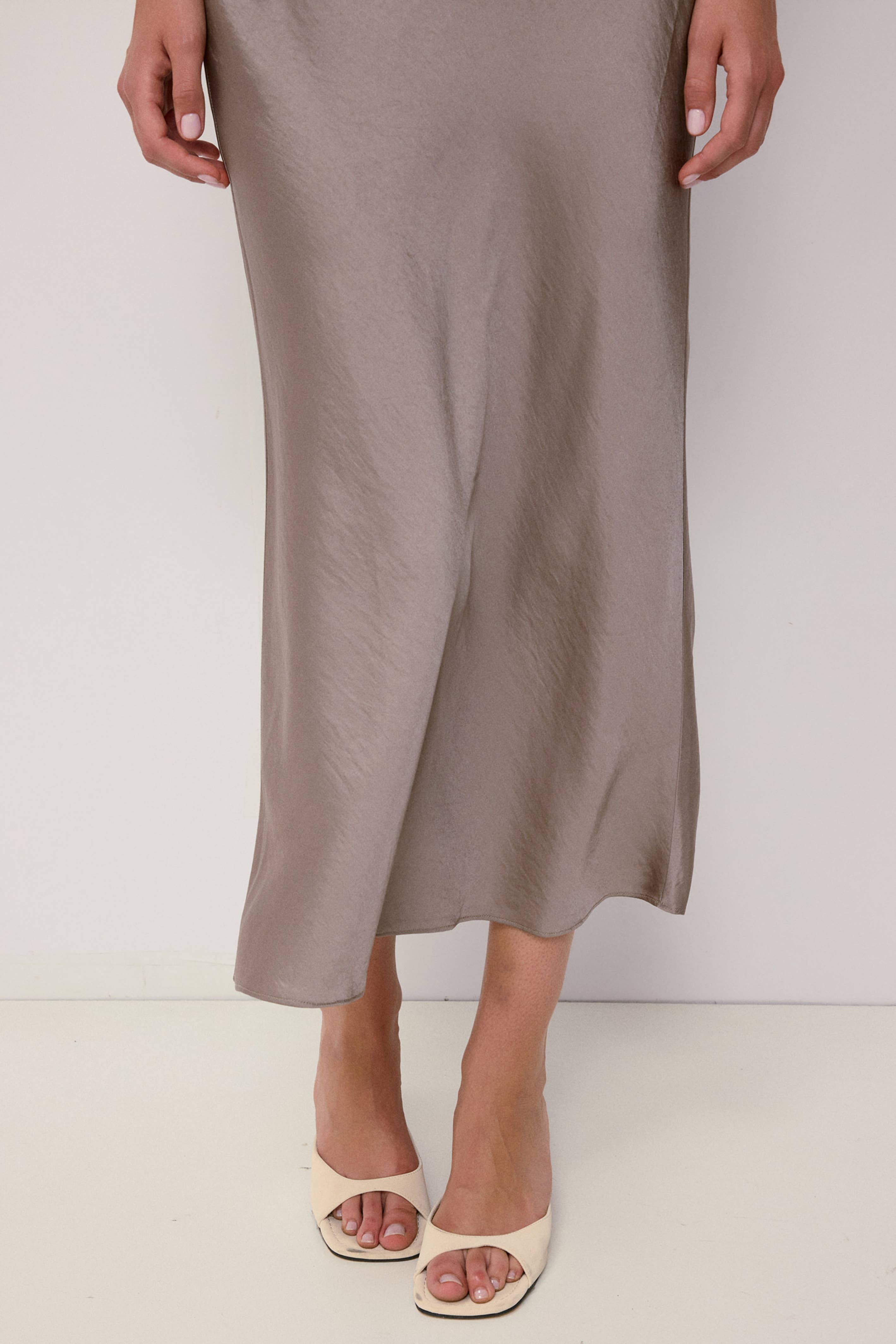 Taupe Cowl Neck Crushed Satin Midi Dress
