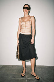 Black Cotton Voile Sheer A-Line Midi Skirt