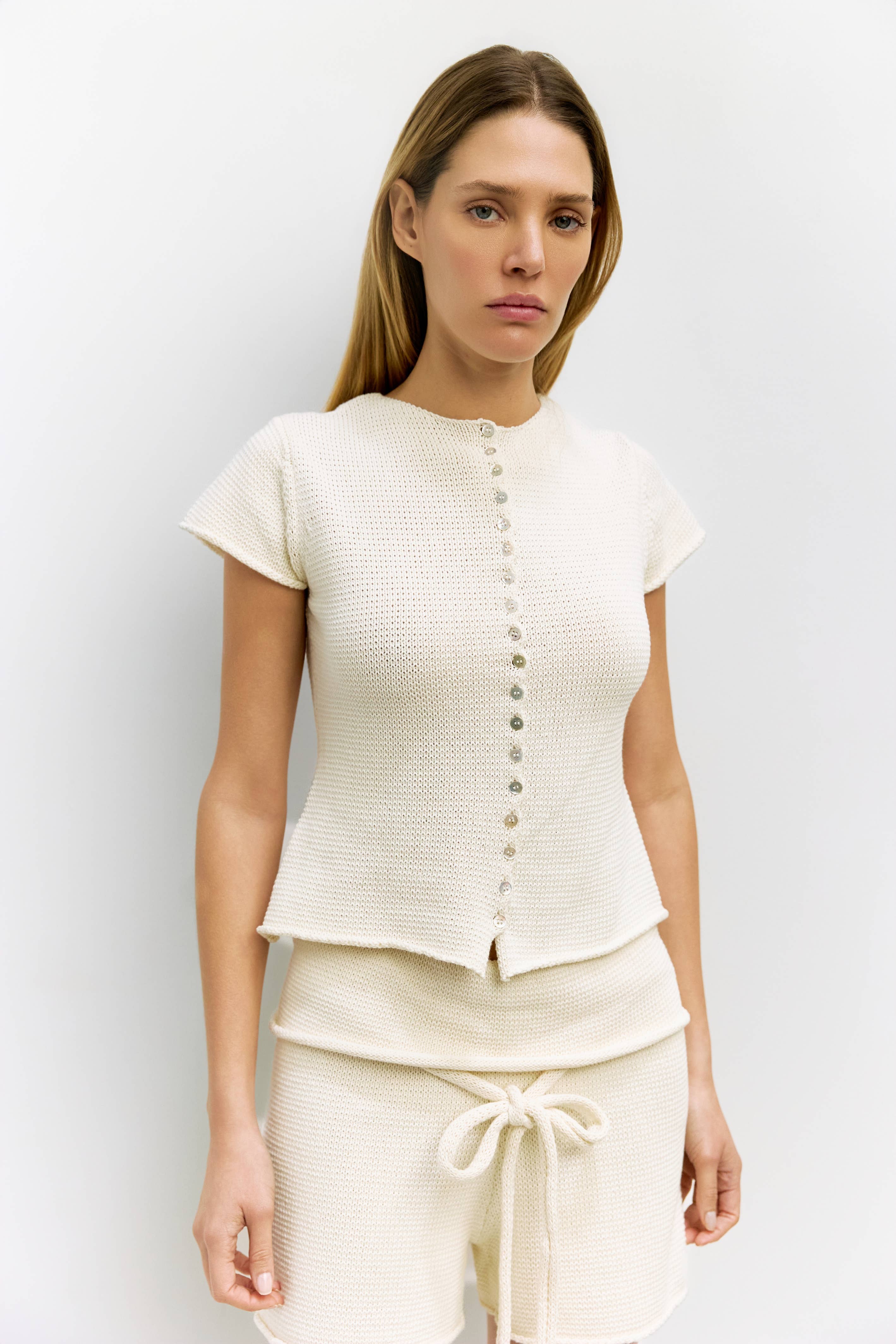 Ivory Alana Summer Knit Button Down Top