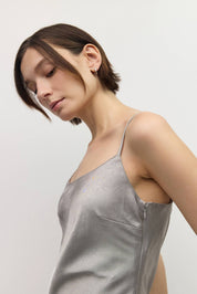 Slate Crinkle Satin Midi Dress