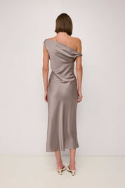 Taupe Cowl Neck Crushed Satin Midi Dress