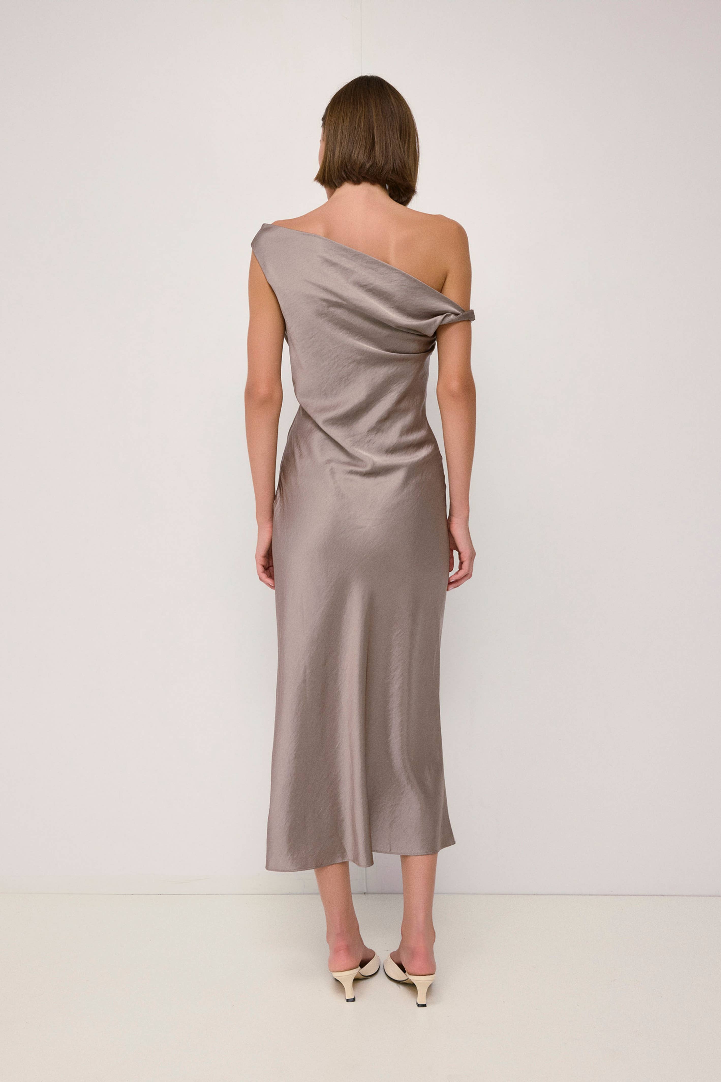 Taupe Cowl Neck Crushed Satin Midi Dress