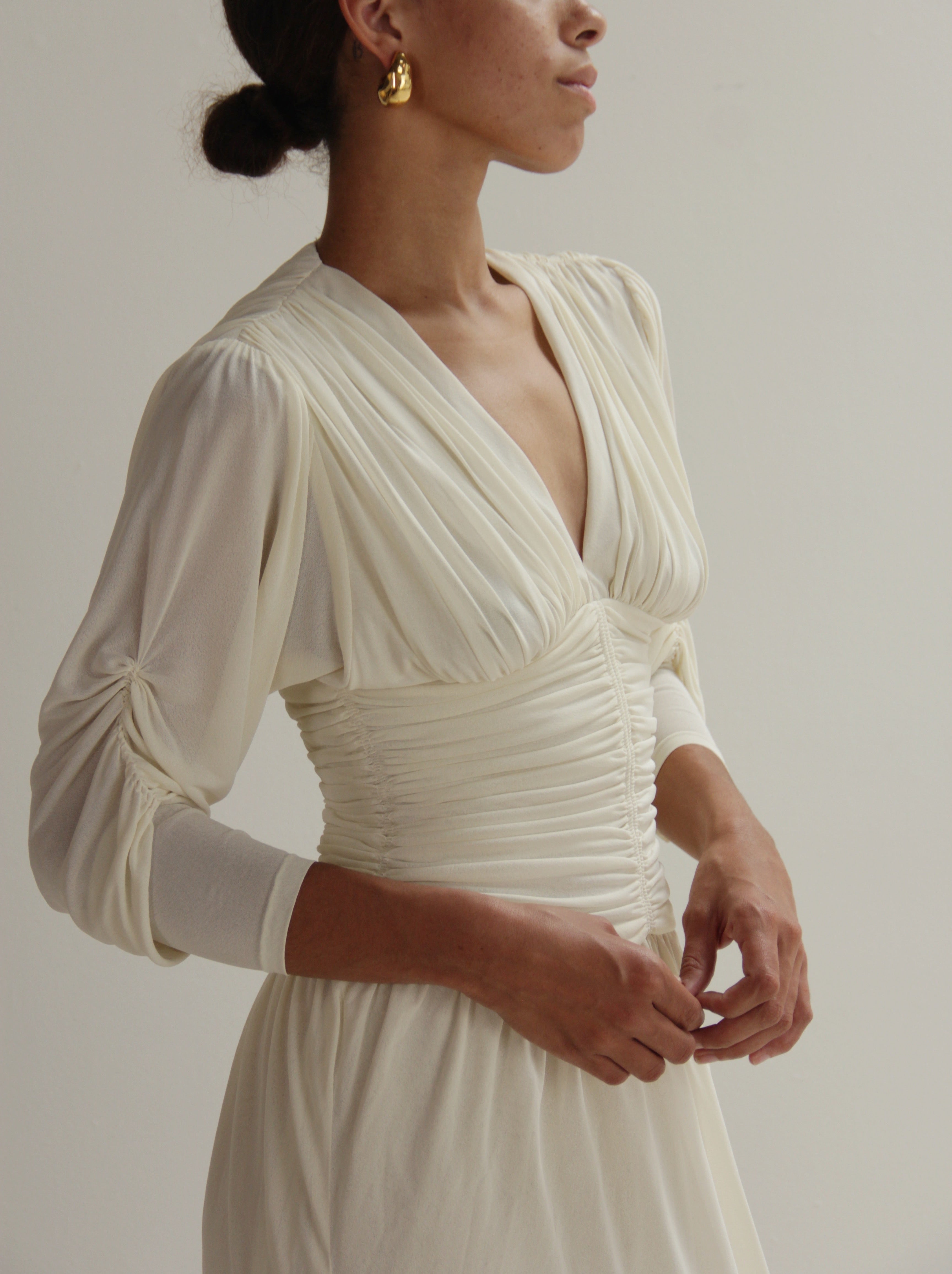 Vintage 70s Ivory Draped Ruched Dress