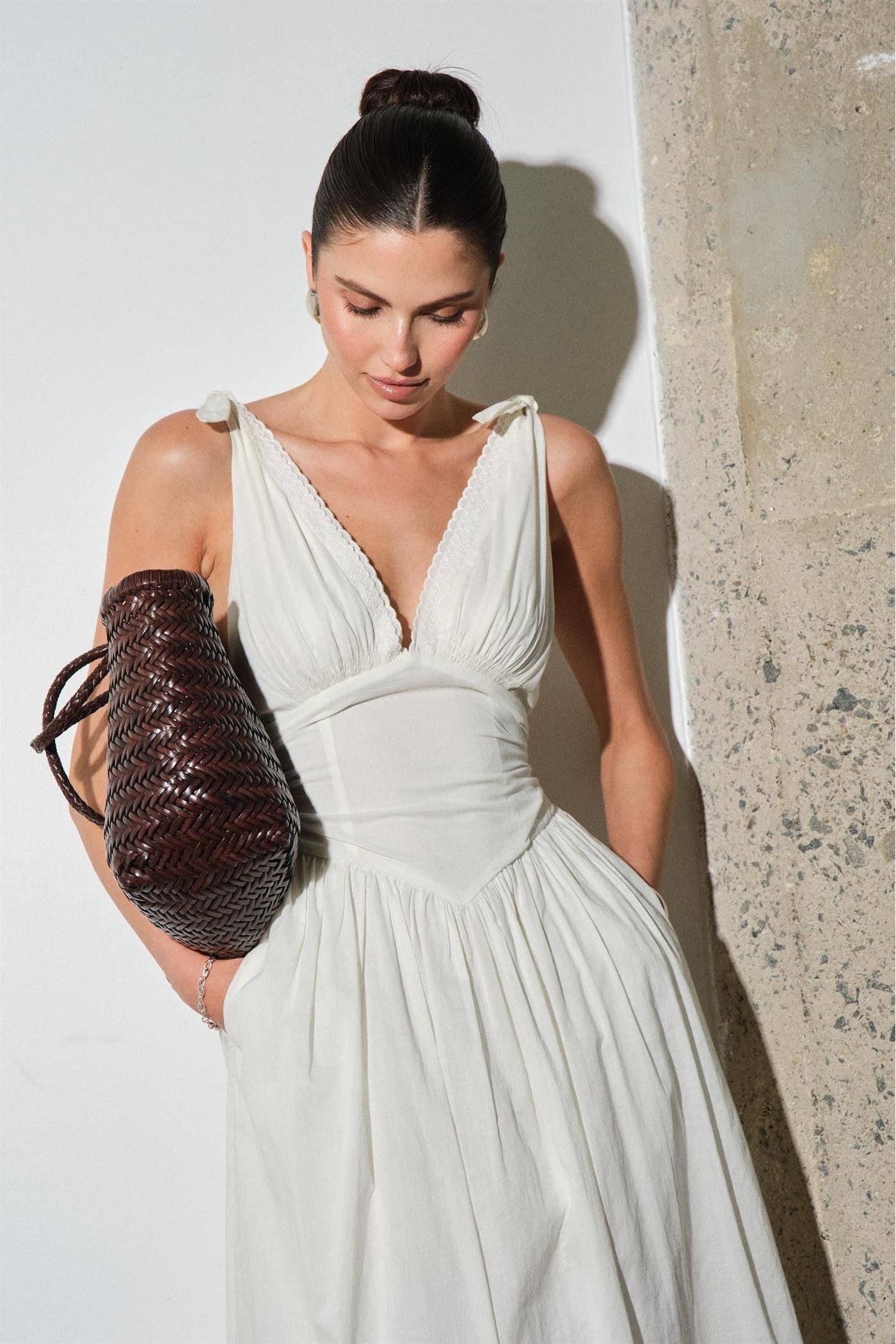White Cotton Poplin Corset-Waist Maxi Dress