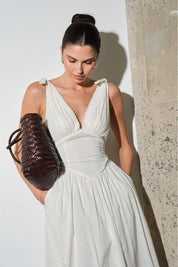 White Cotton Poplin Corset-Waist Maxi Dress