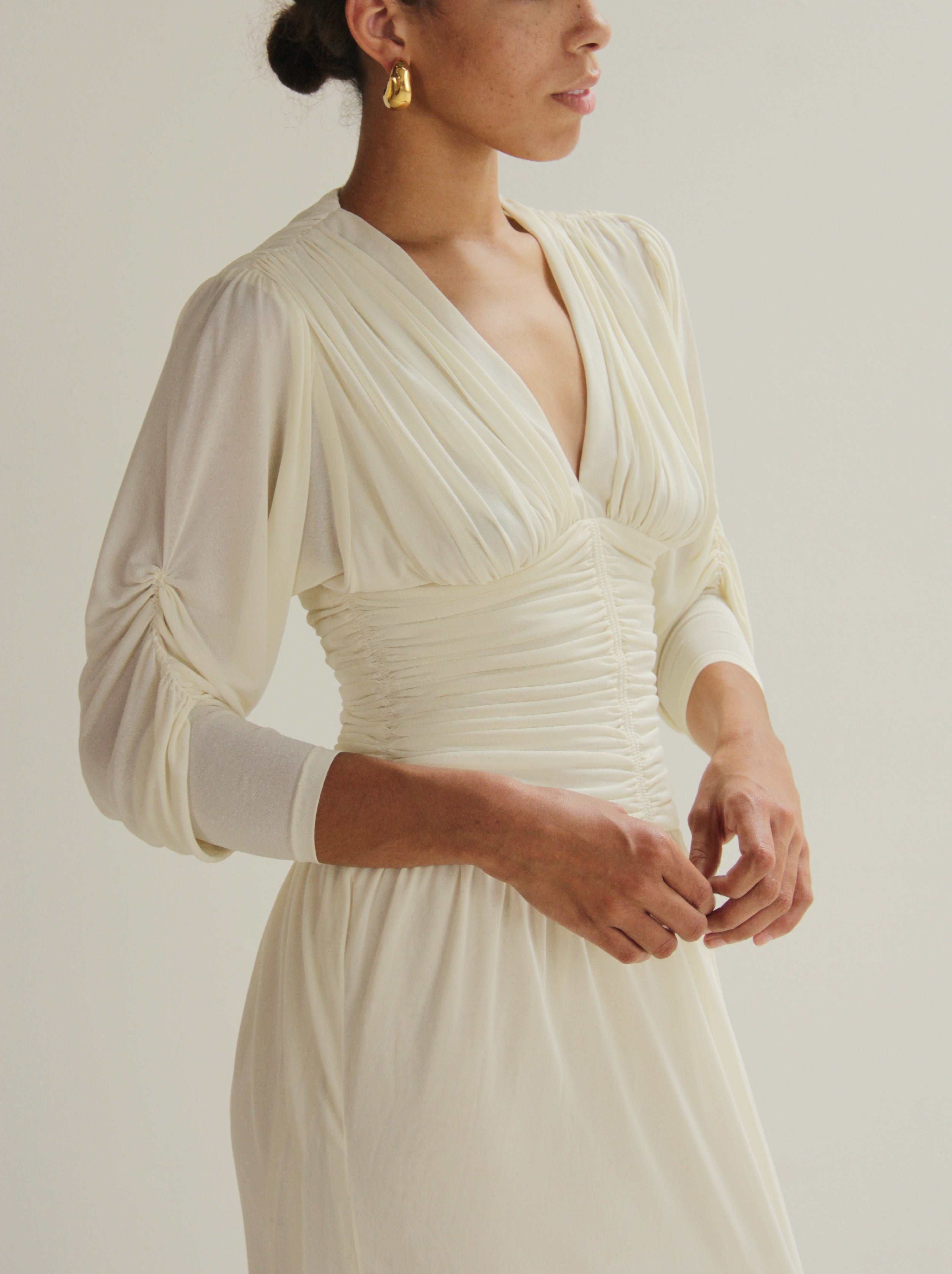 Vintage 70s Ivory Draped Ruched Dress