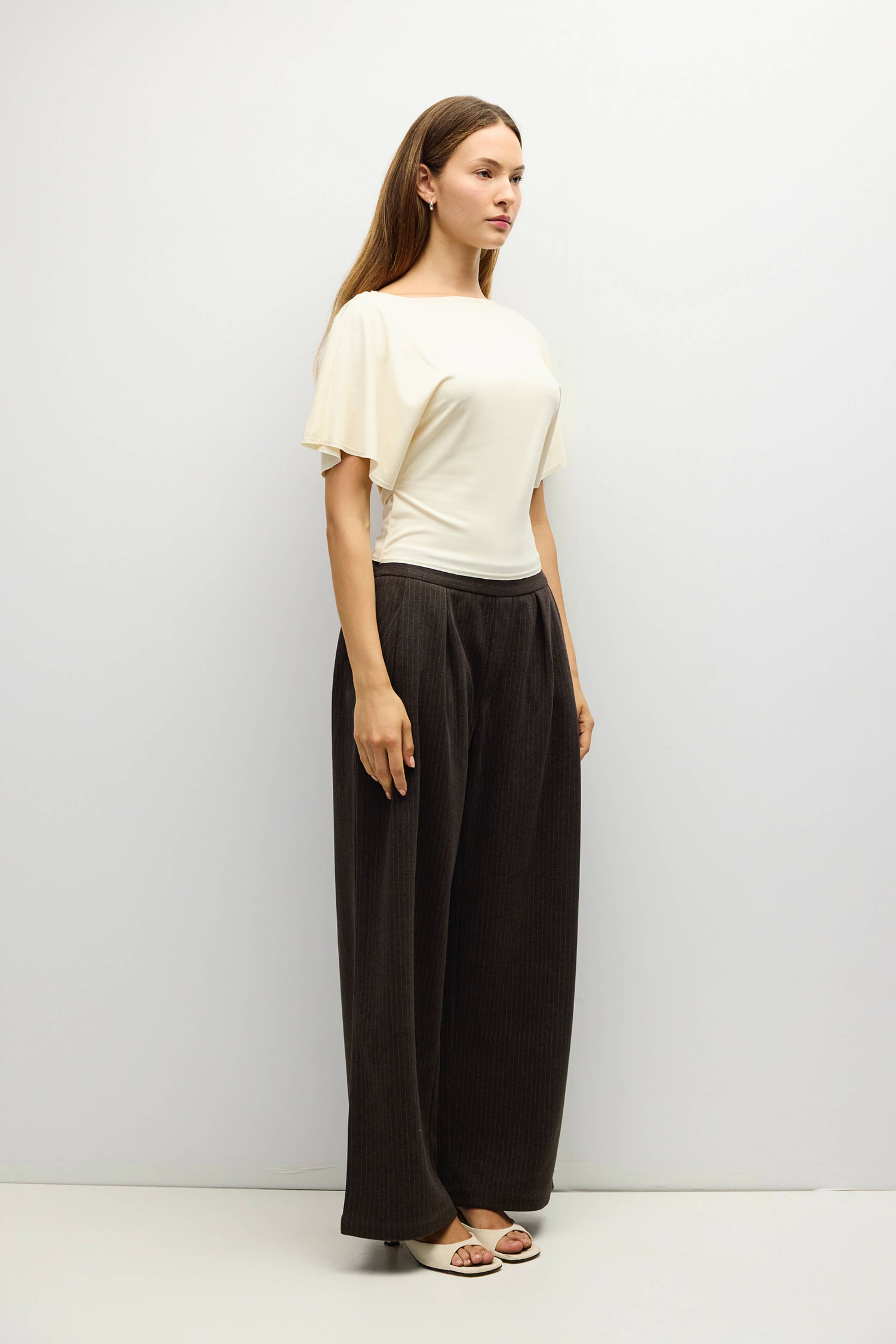 Brown Pinstripe Pleated Sophia Pants