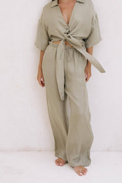 The Handloom Khaki Green Lucid Flow Tie Pants