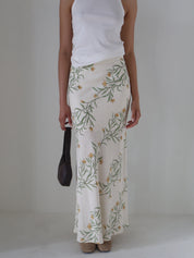 Cream Linen Floral Midi Skirt