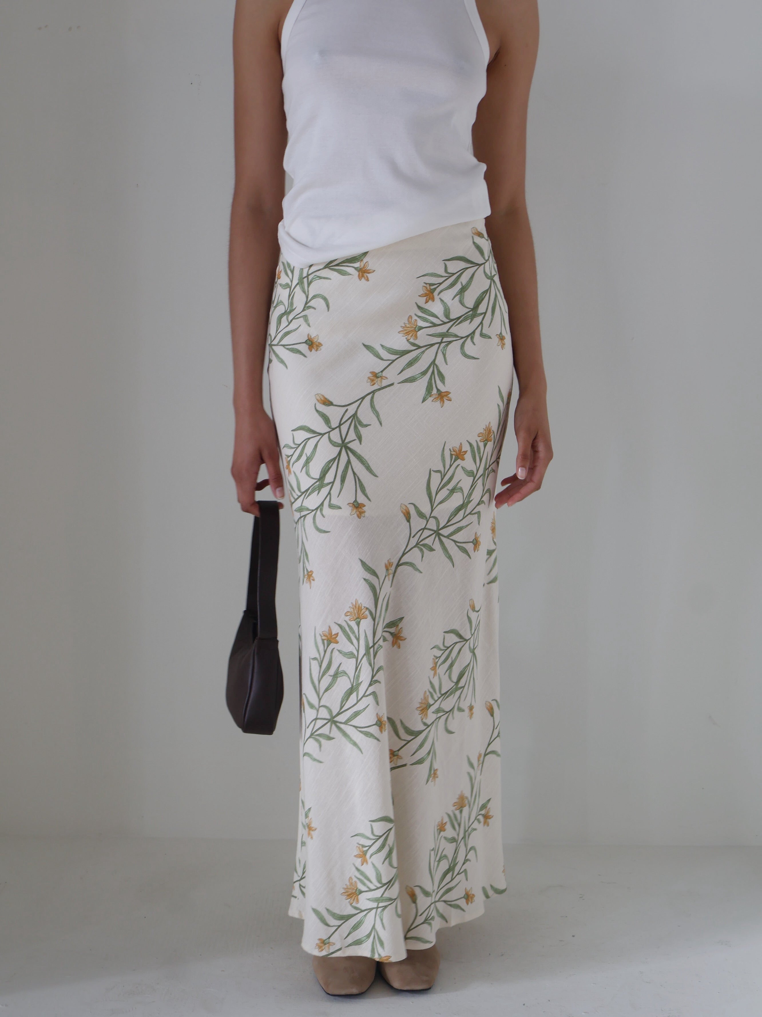 Cream Linen Floral Midi Skirt