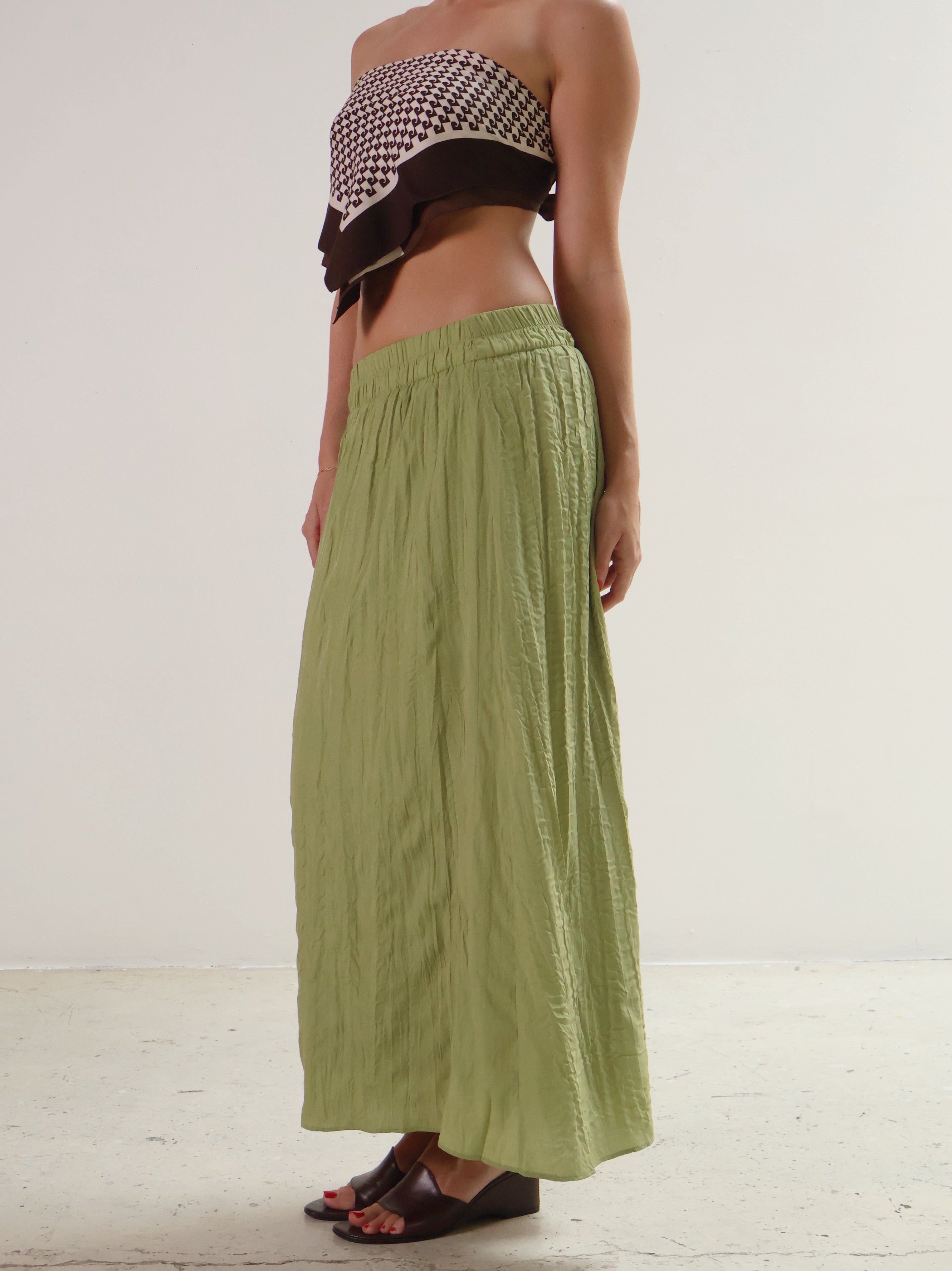 Green Crinkled Ayla Midi Skirt