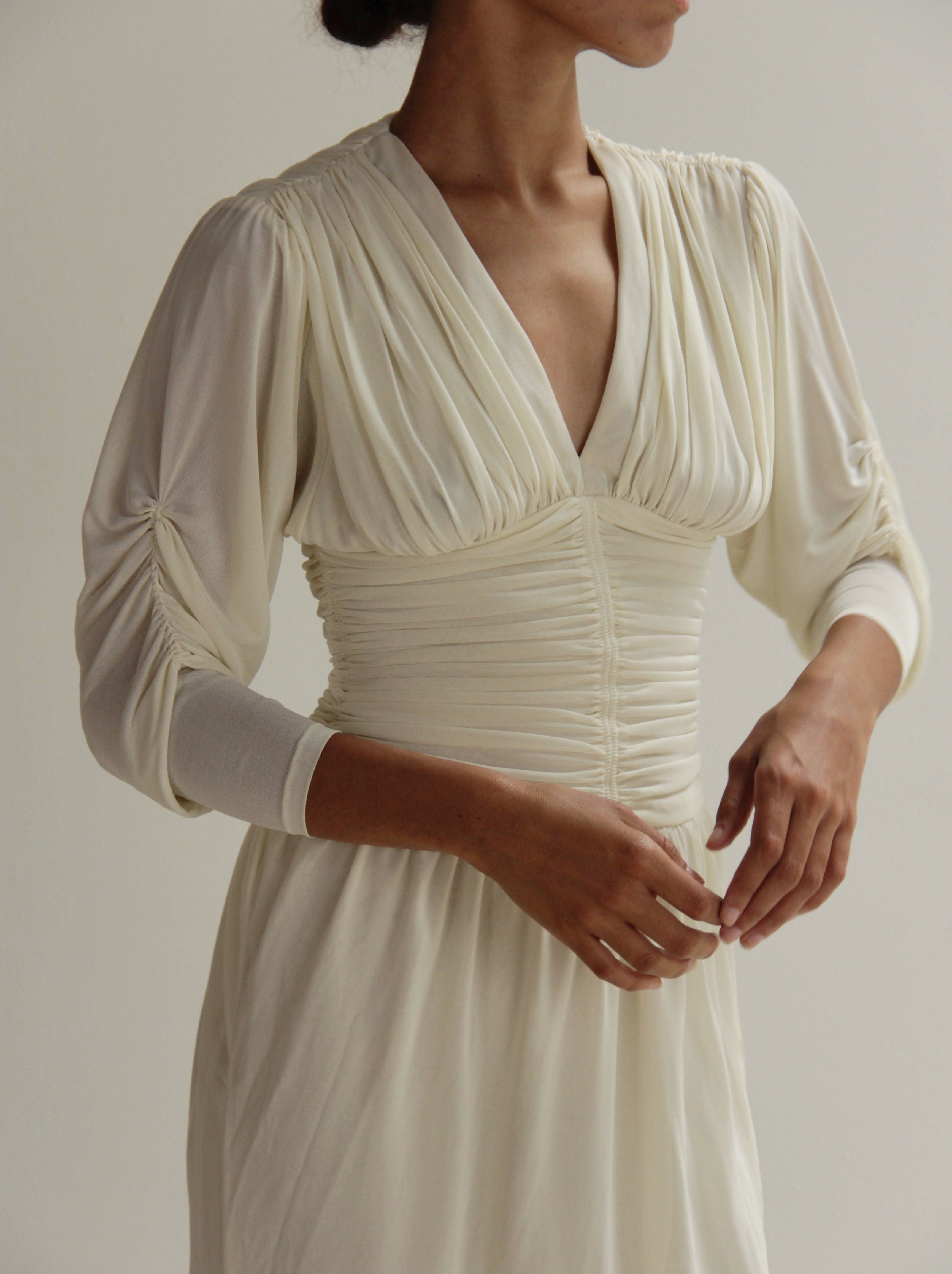 Vintage 70s Ivory Draped Ruched Dress