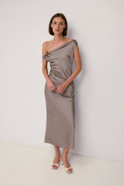 Taupe Cowl Neck Crushed Satin Midi Dress