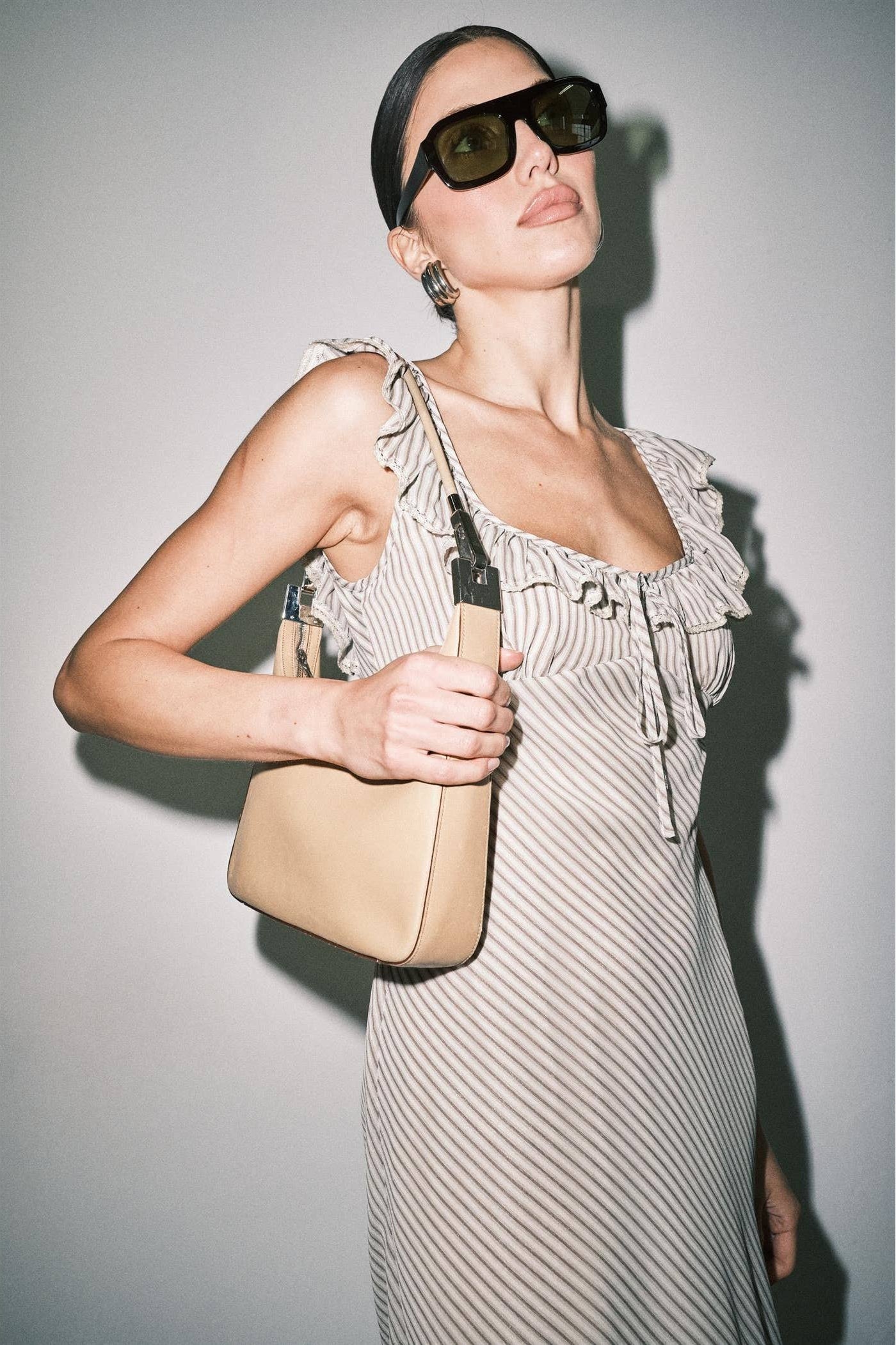 Sage & Cream Stripe Chiffon Bias-Cut Midi Dress