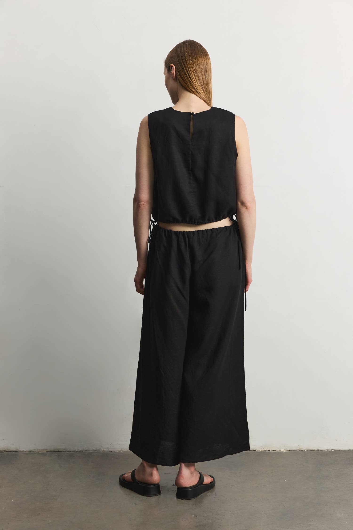 Black Wide Leg Linen Pants with Drawstrings