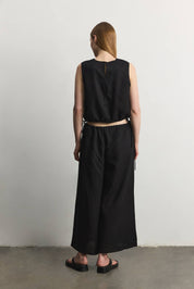 Black Wide Leg Linen Pants with Drawstrings