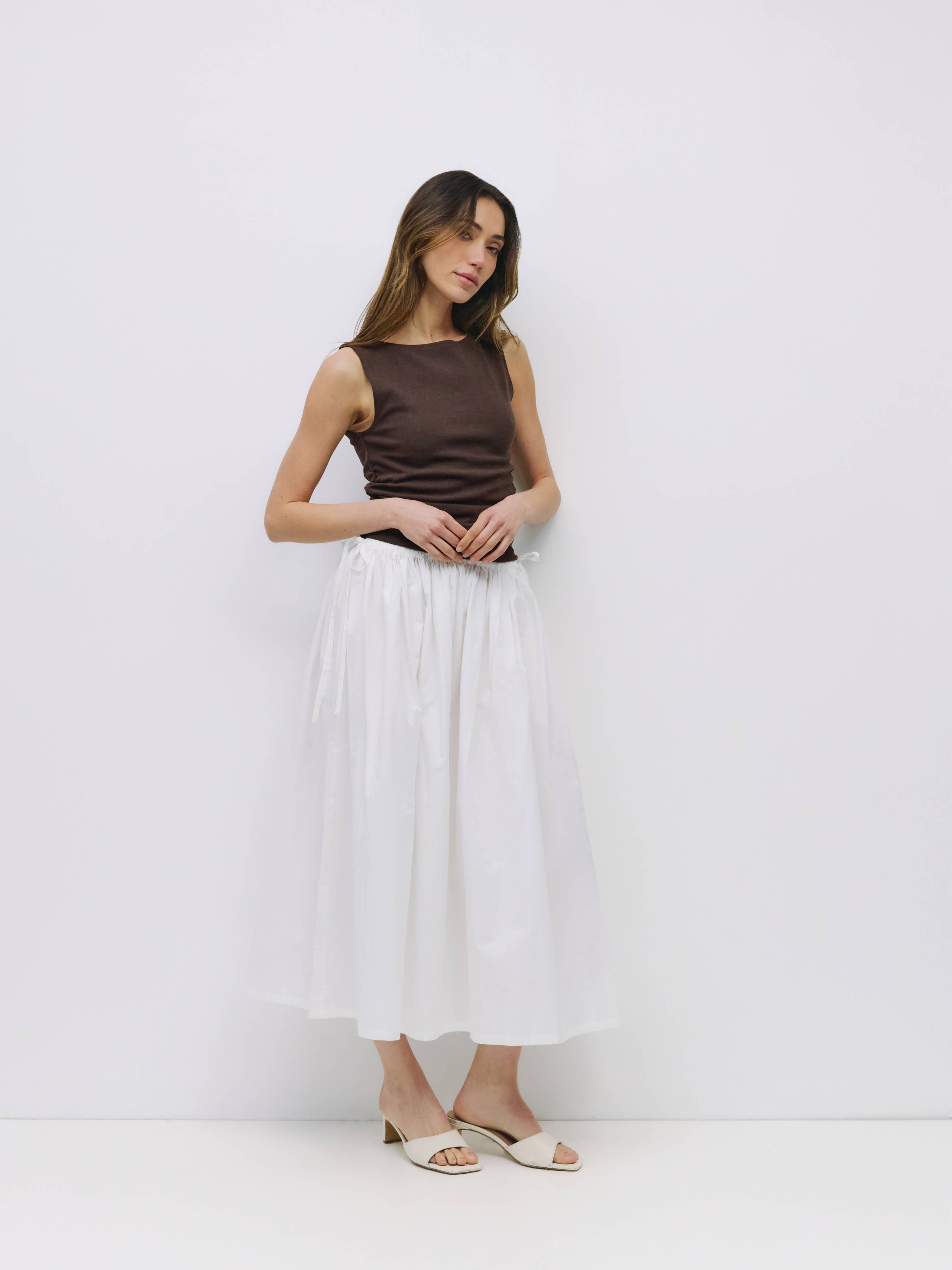 White Kiana Side Tie Midi Skirt