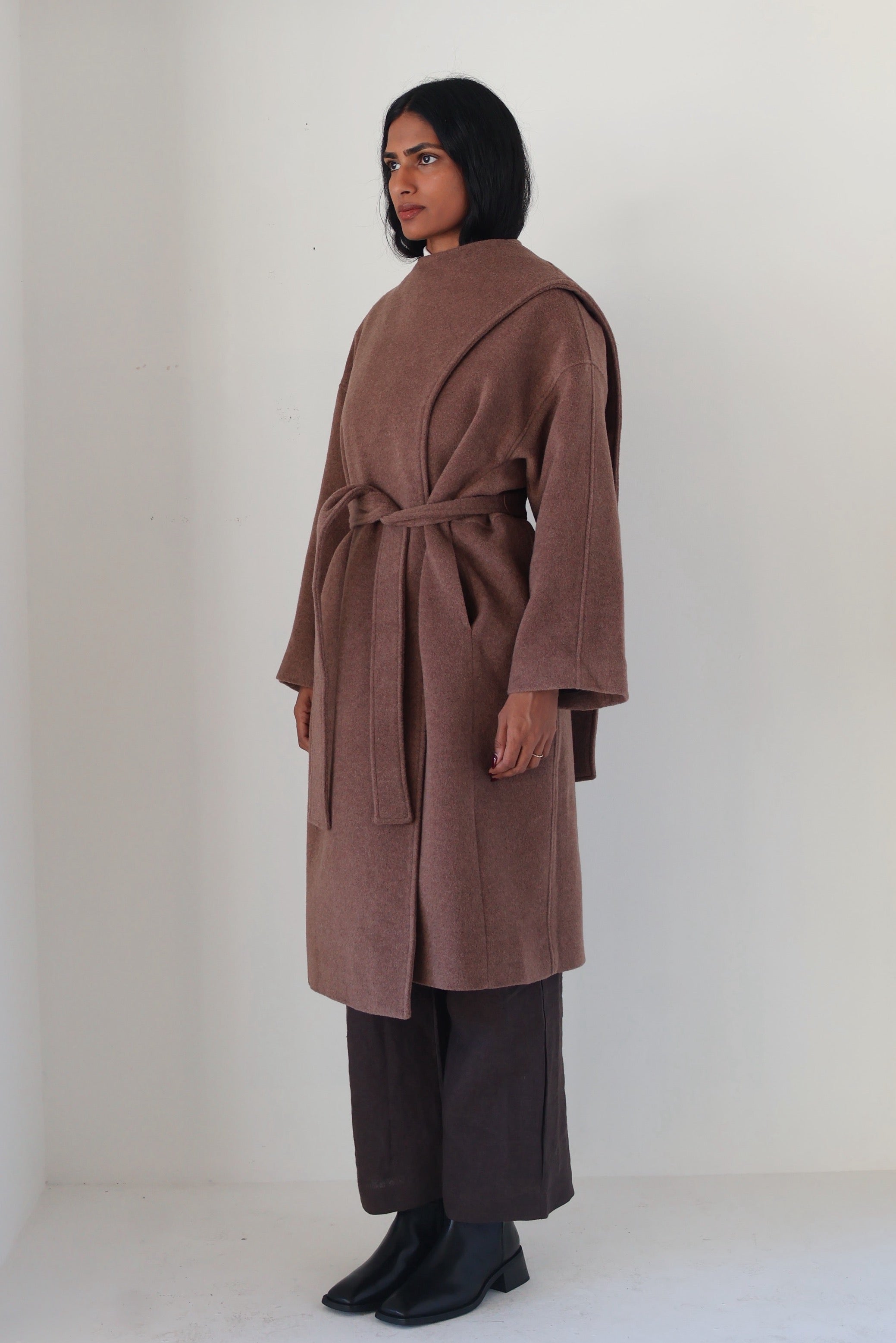 Taupe Brown Belted Elaxi Coat