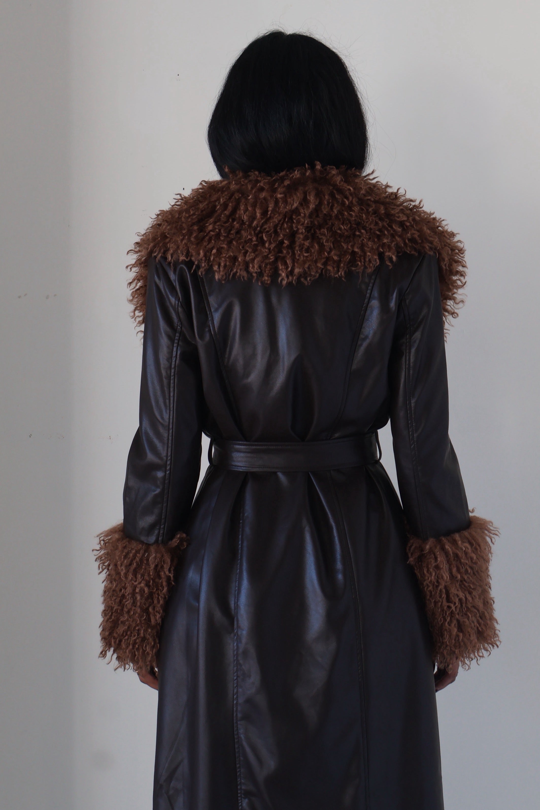 Espresso Shearling Trim Trench Coat