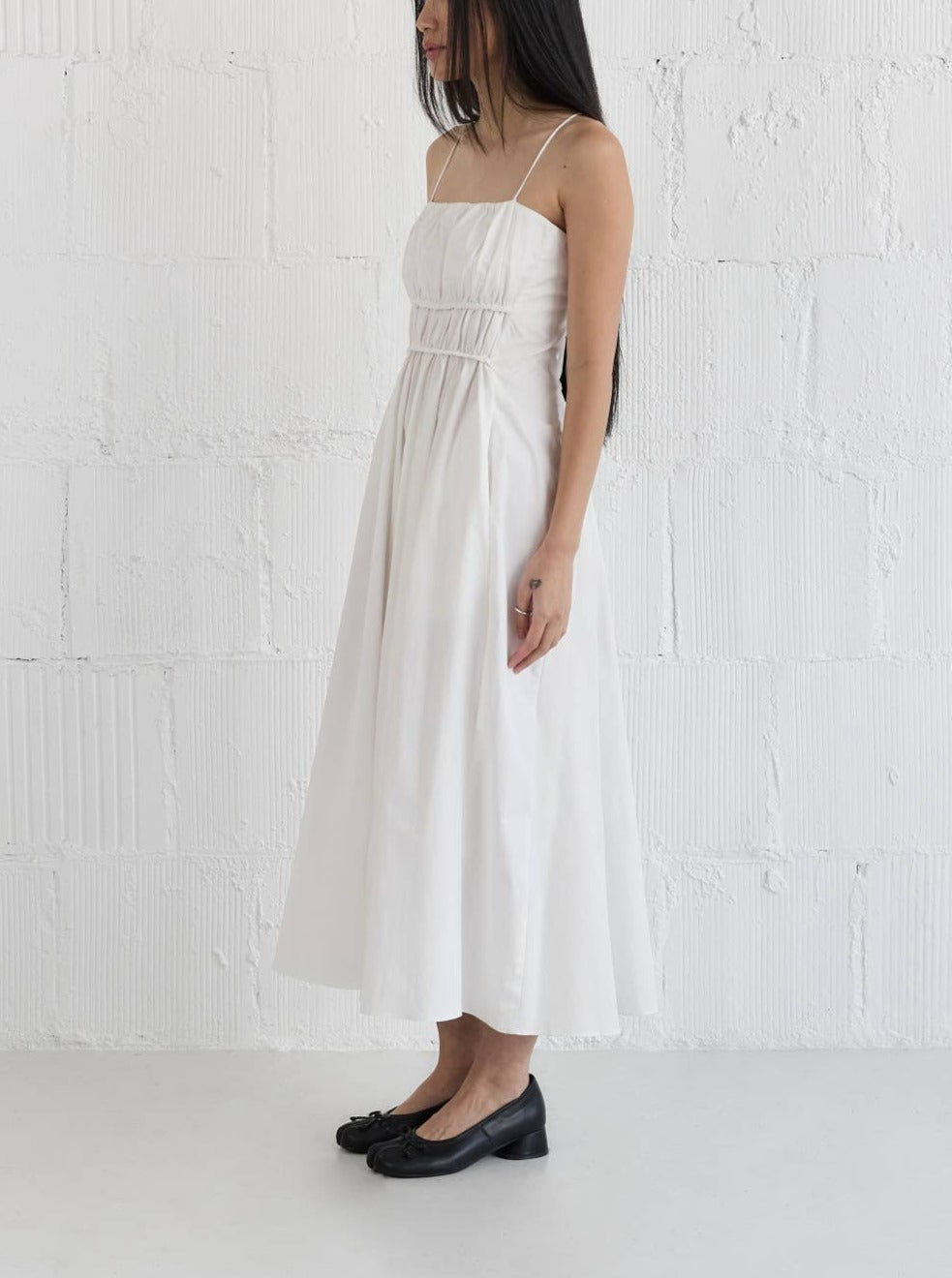 White Gathered Midi Dress