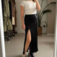 Black Manhattan Satin High Slit Skirt