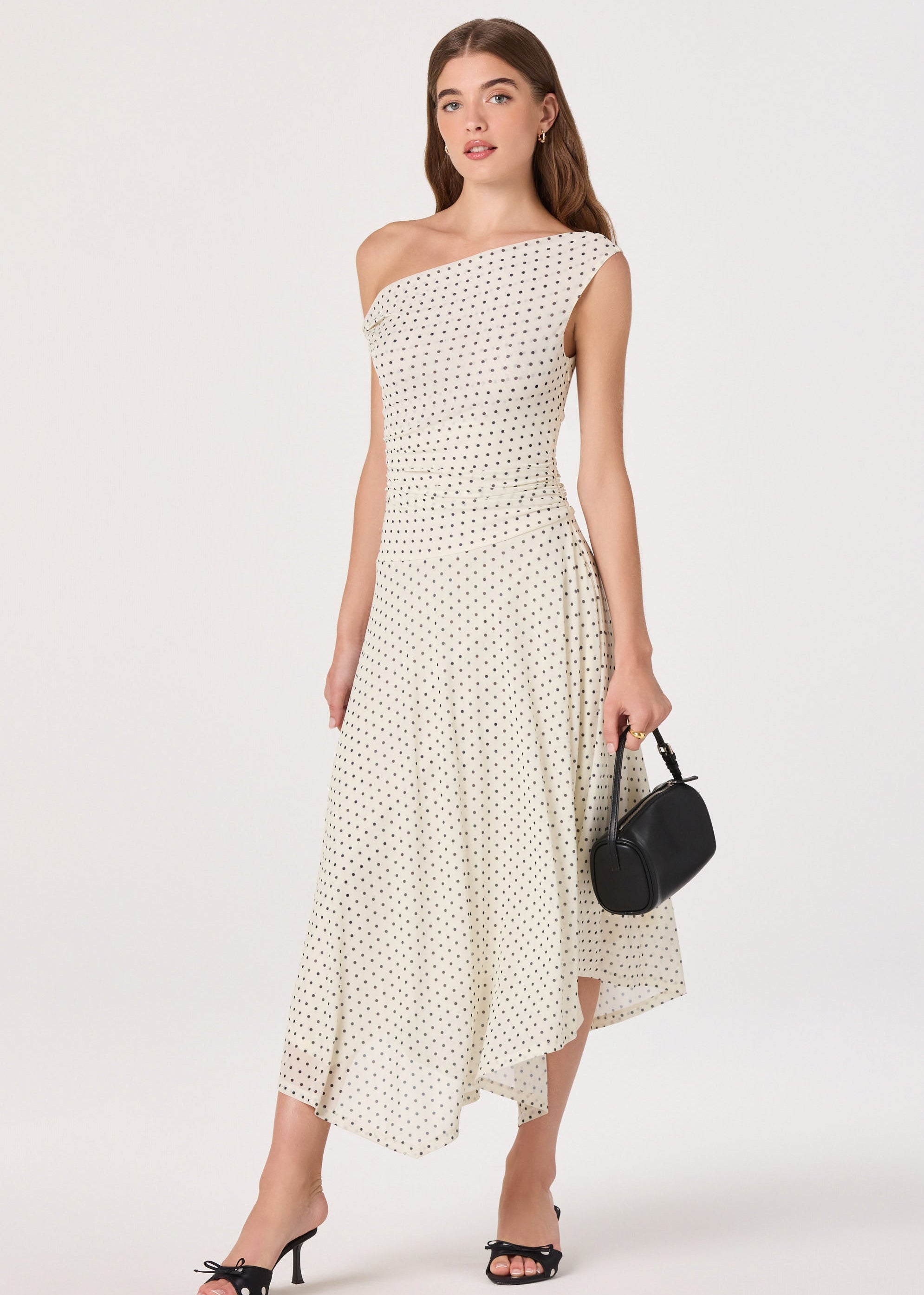 ivory polka dot dress boohoo Women's Polka Dot Puff Sleeve Maxi Dress in Ivory