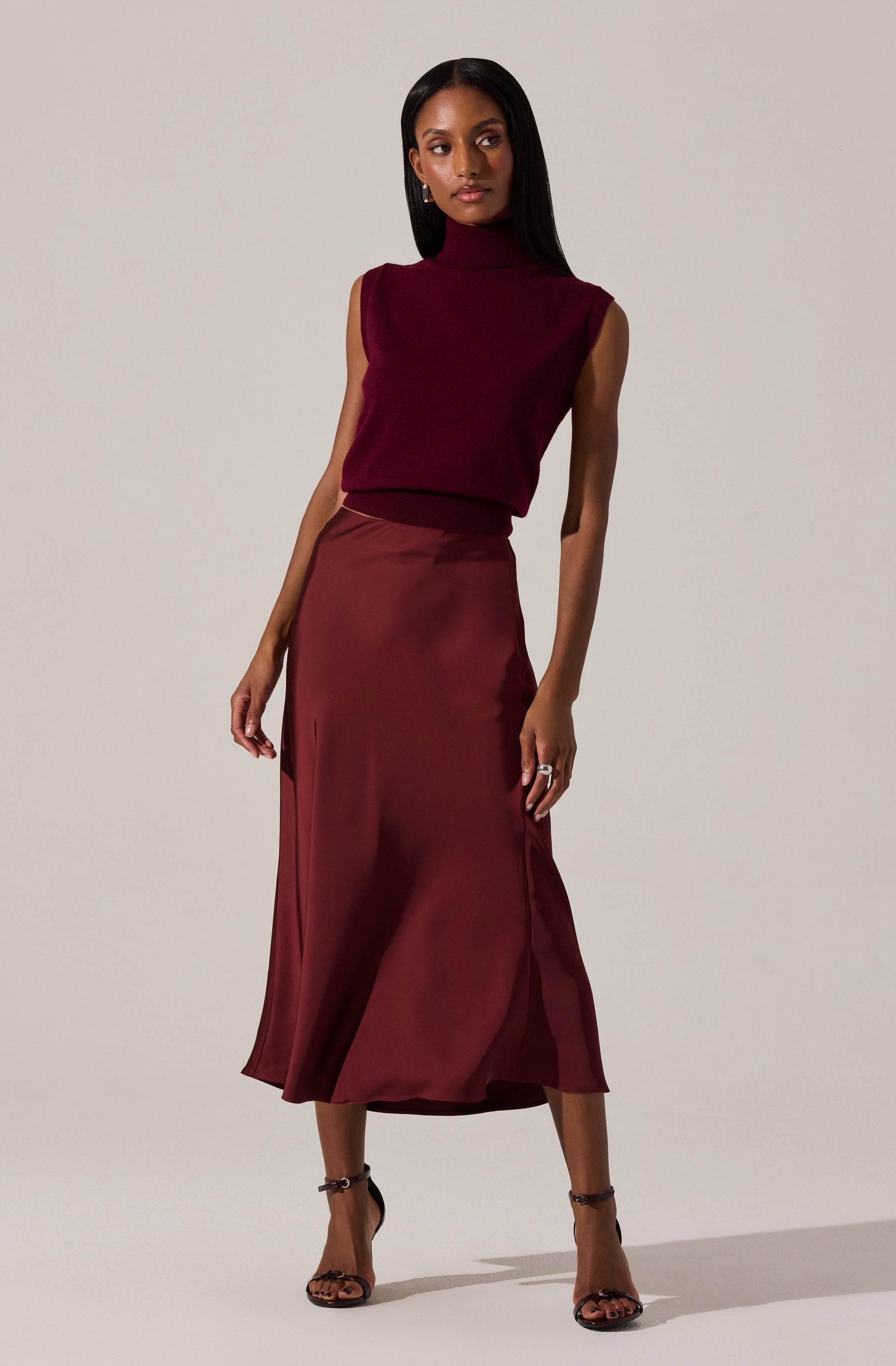 Wine Satin Windey Maxi Skirt