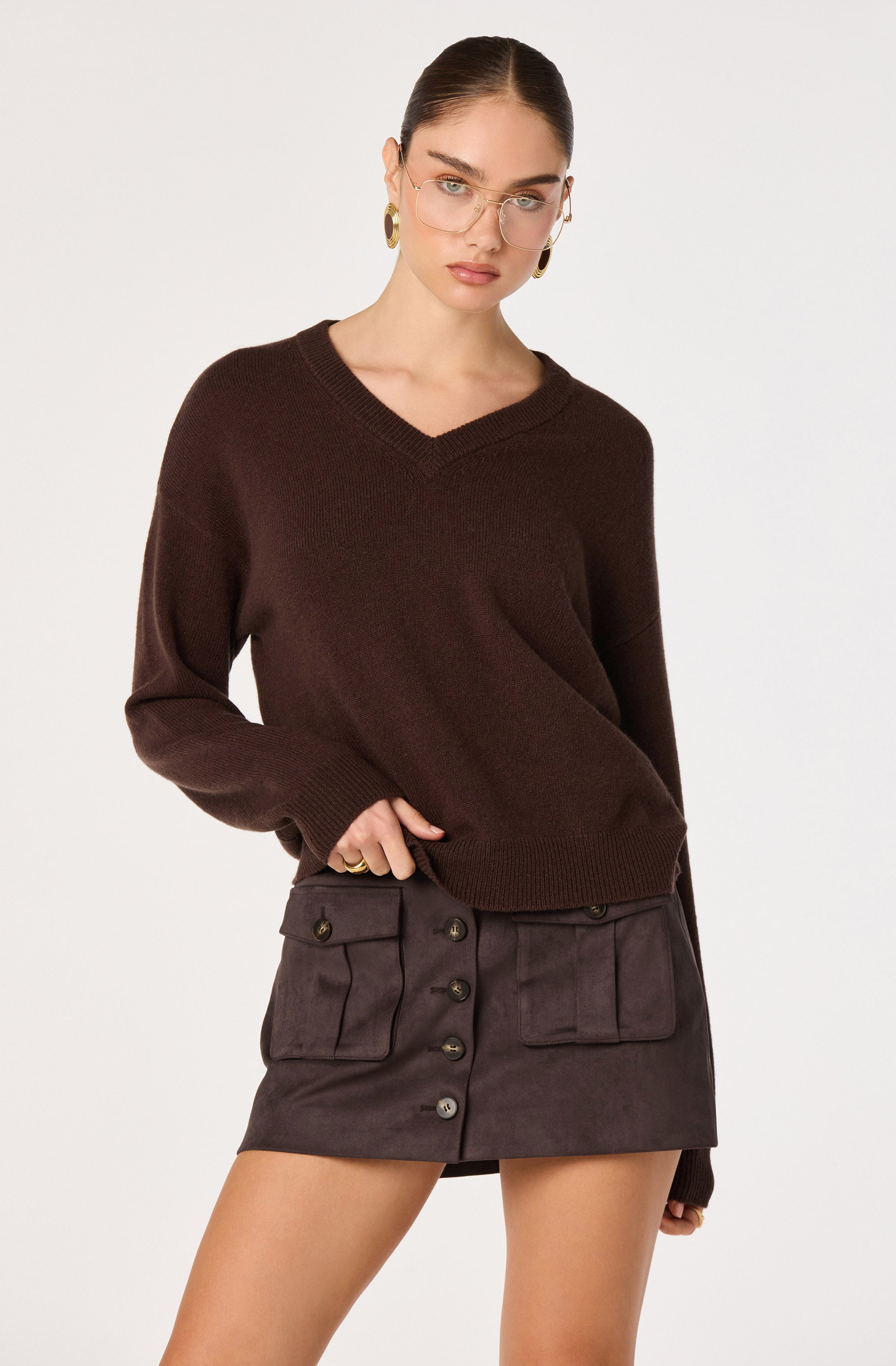 Brown V-Neck Bowie Sweater