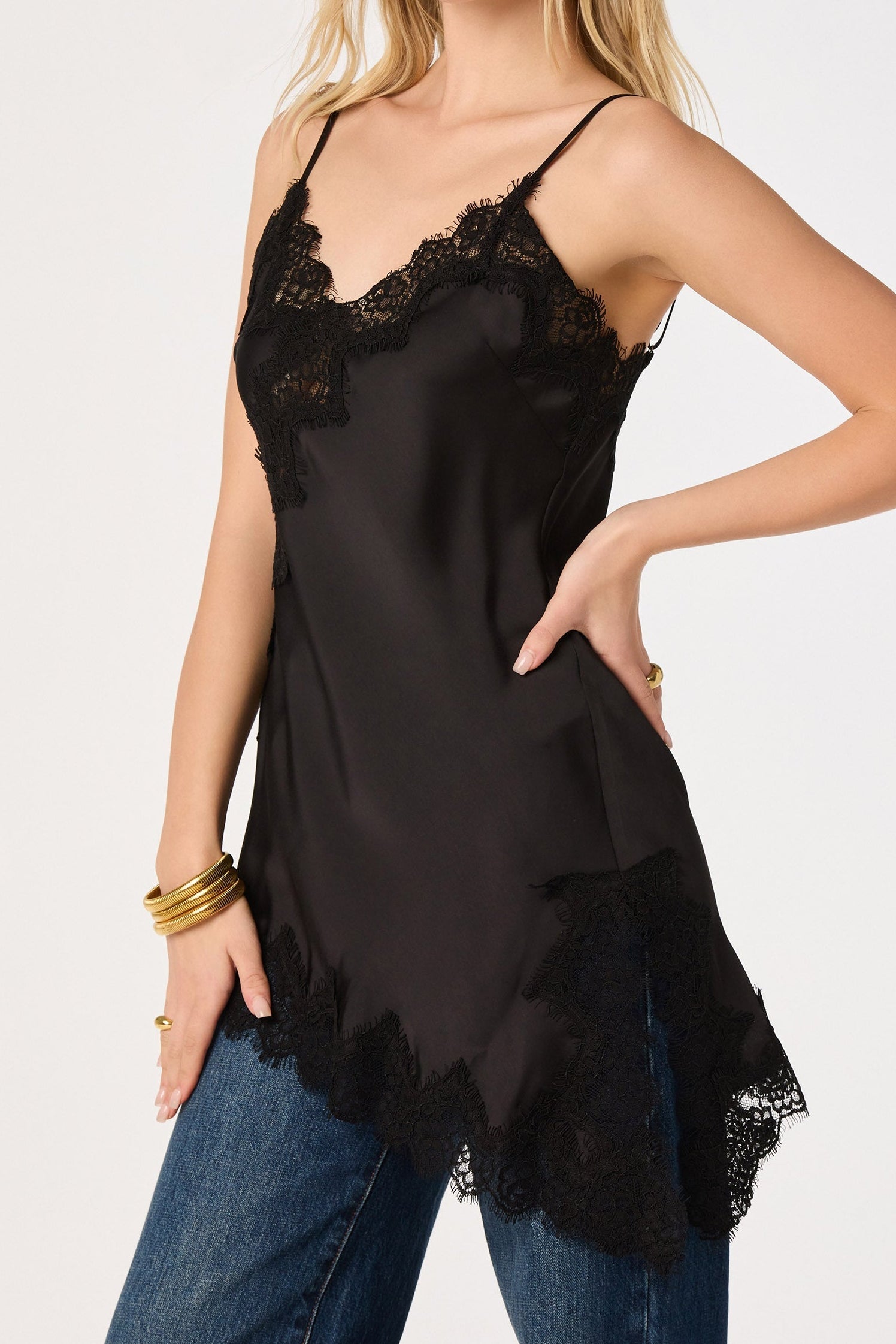 Black Asymmetrical Lace Trim Cami