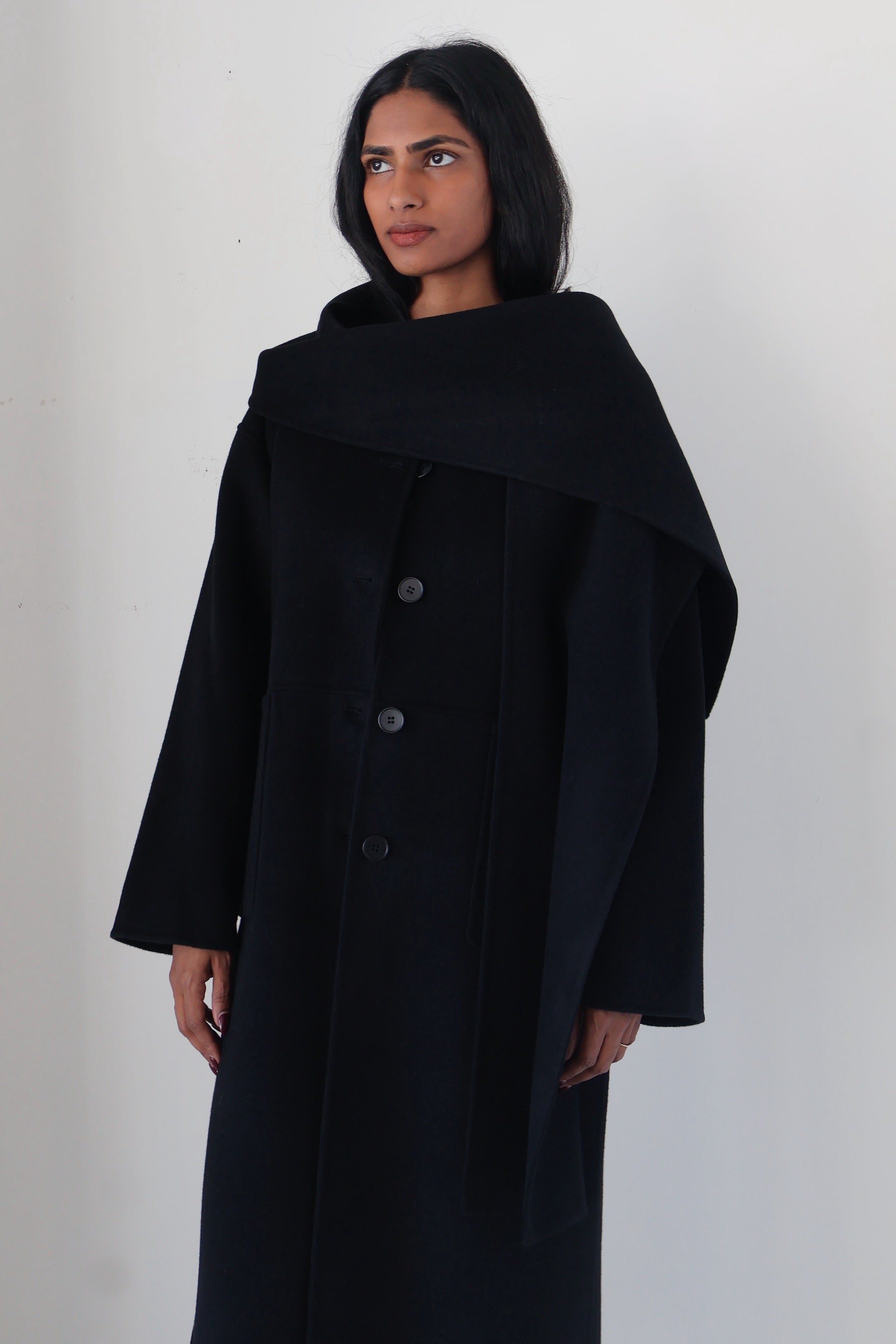 Rue Sophie Black Wool-Cashmere Scarf Coat