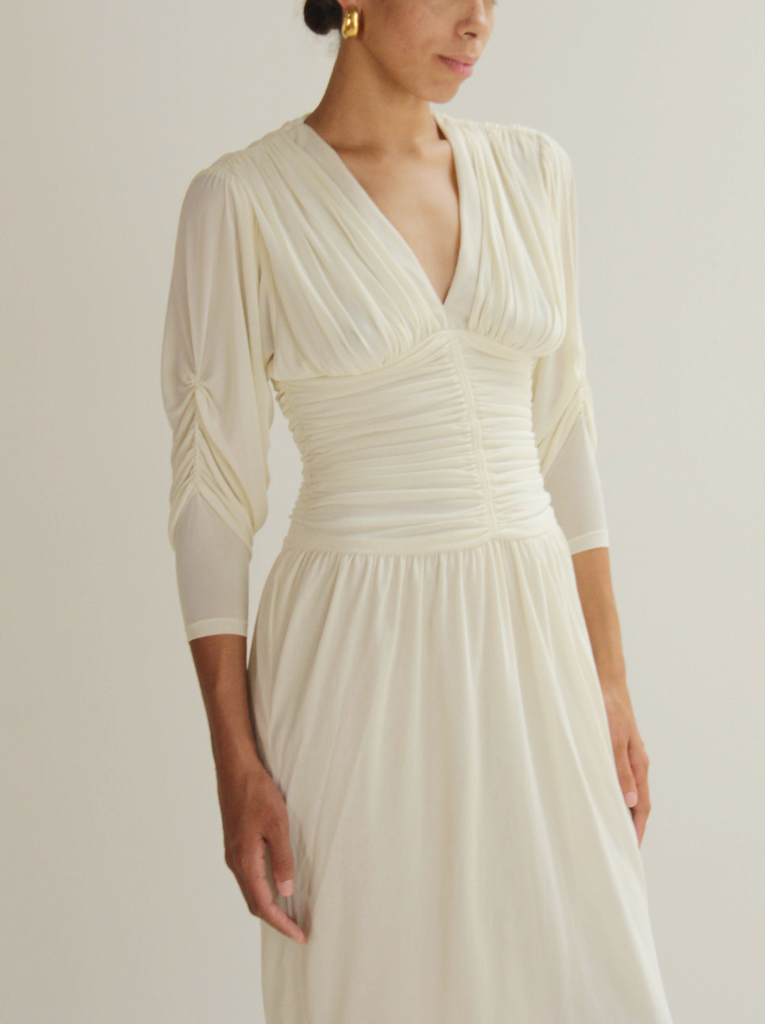 Vintage 70s Ivory Draped Ruched Dress