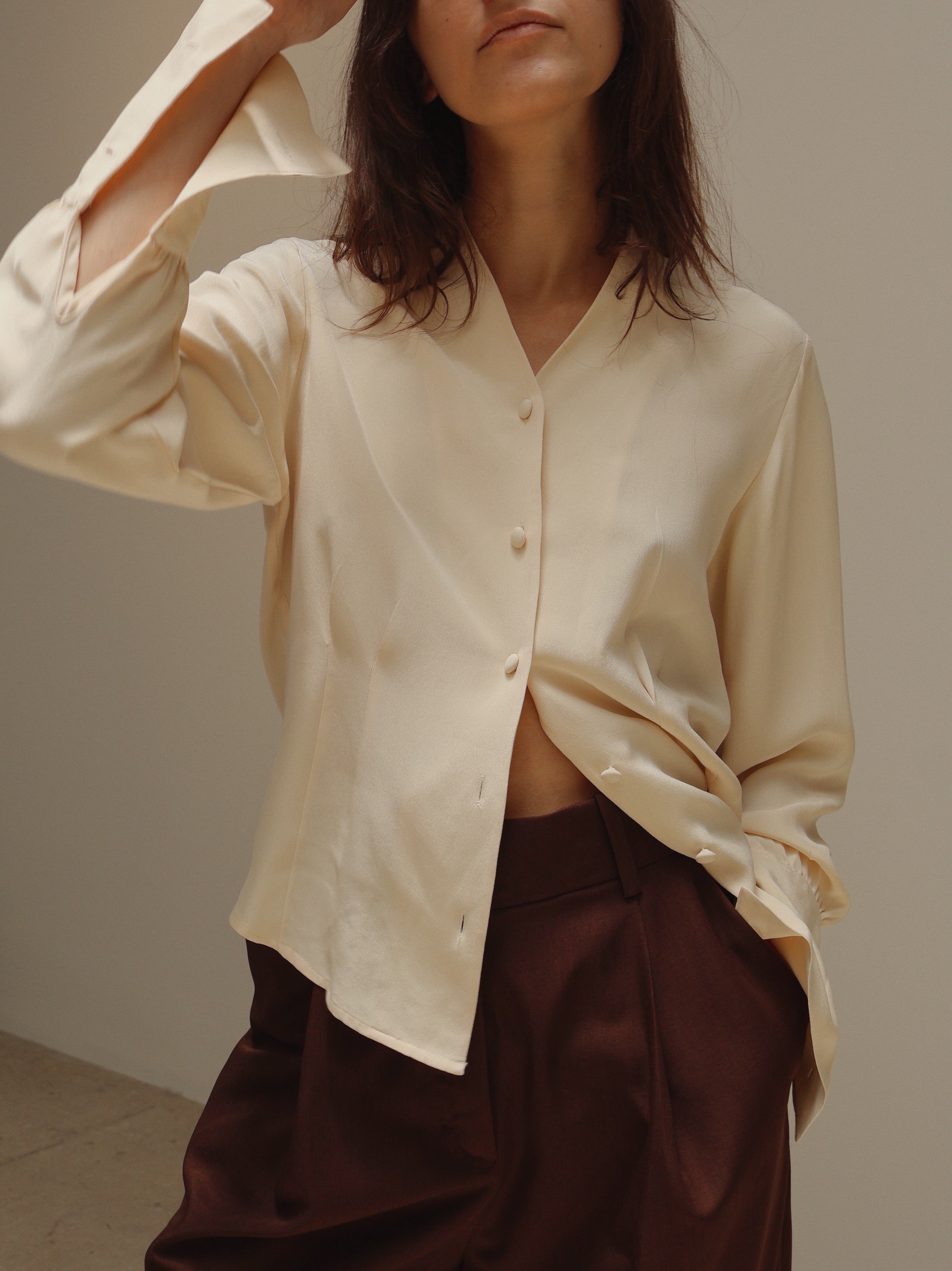 Vintage Cream Silk Collarless Blouse