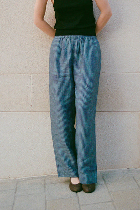 Deiji Studios Linen Ease Trouser in Azure Stripe