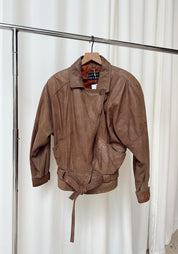 Vintage Brown Leather Jacket w/ Snap Tie Waist