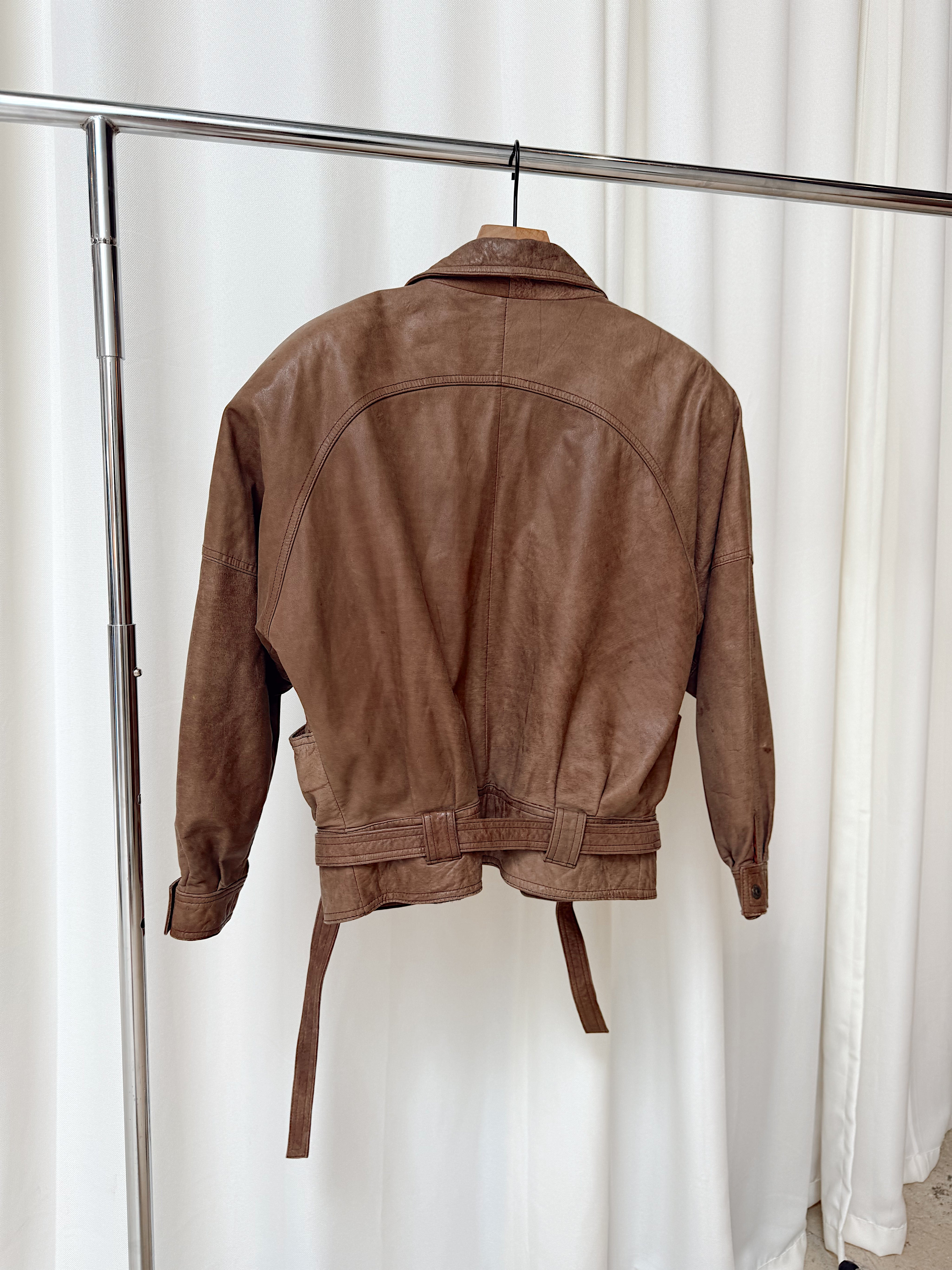 Vintage Brown Leather Jacket w/ Snap Tie Waist