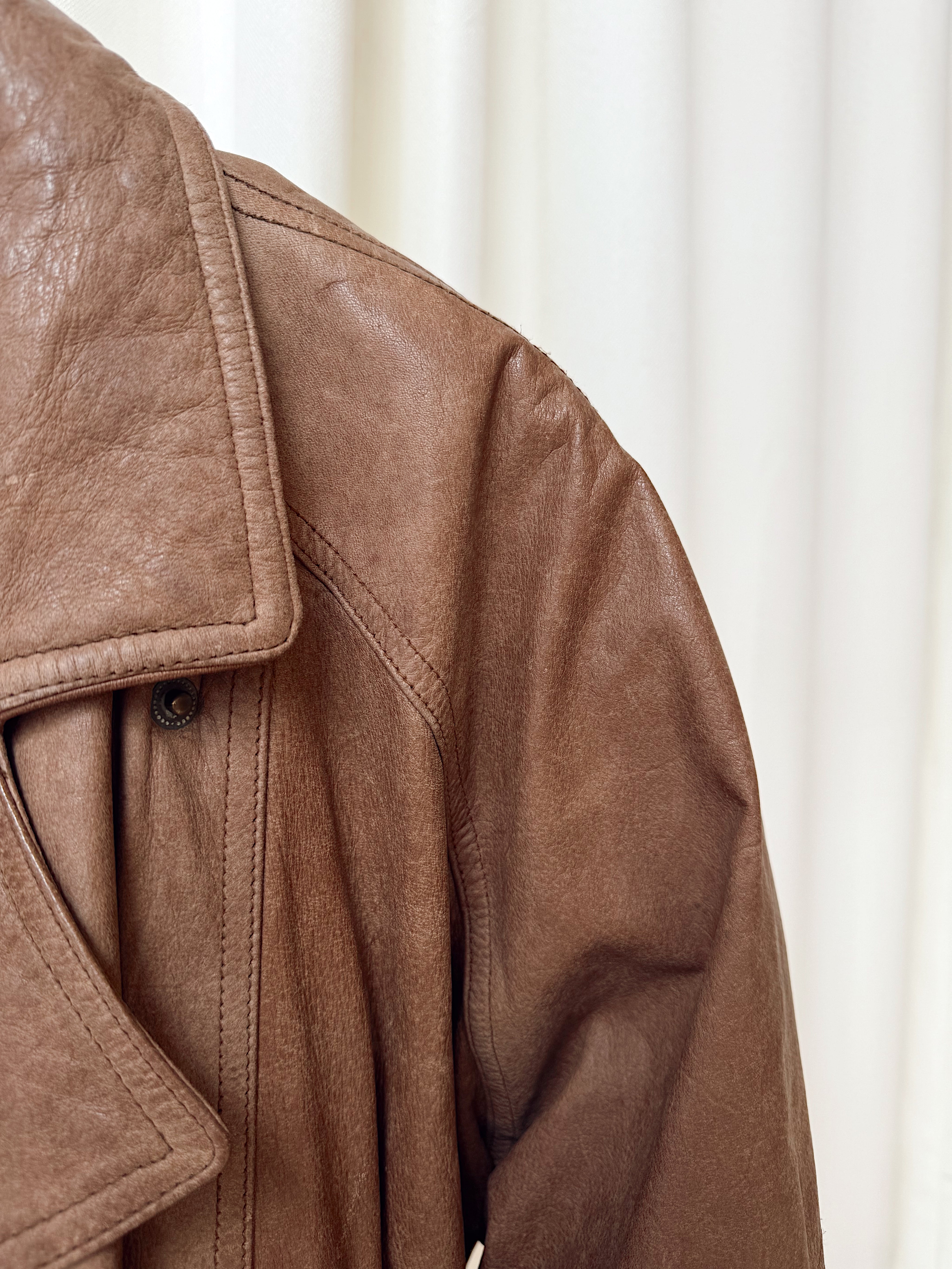 Vintage Brown Leather Jacket w/ Snap Tie Waist