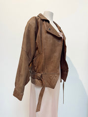Vintage Brown Leather Jacket w/ Snap Tie Waist